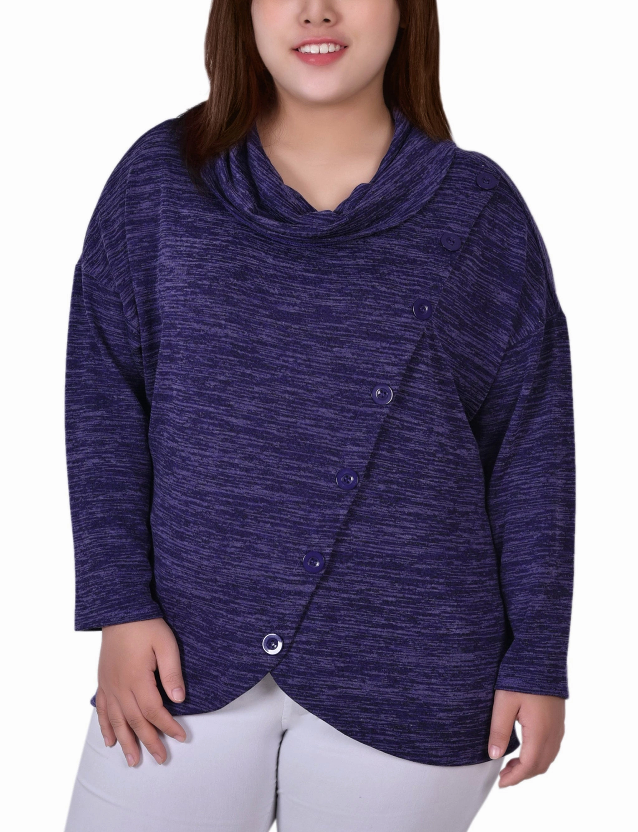 Plus Size Long Sleeve Cowl Neck Top With Button Detail ContrastPlacket Wrinkle resistant fabric