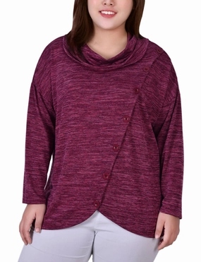 Stretch Knit Material Plus Size Long Sleeve Cowl Neck Top With Button Detail