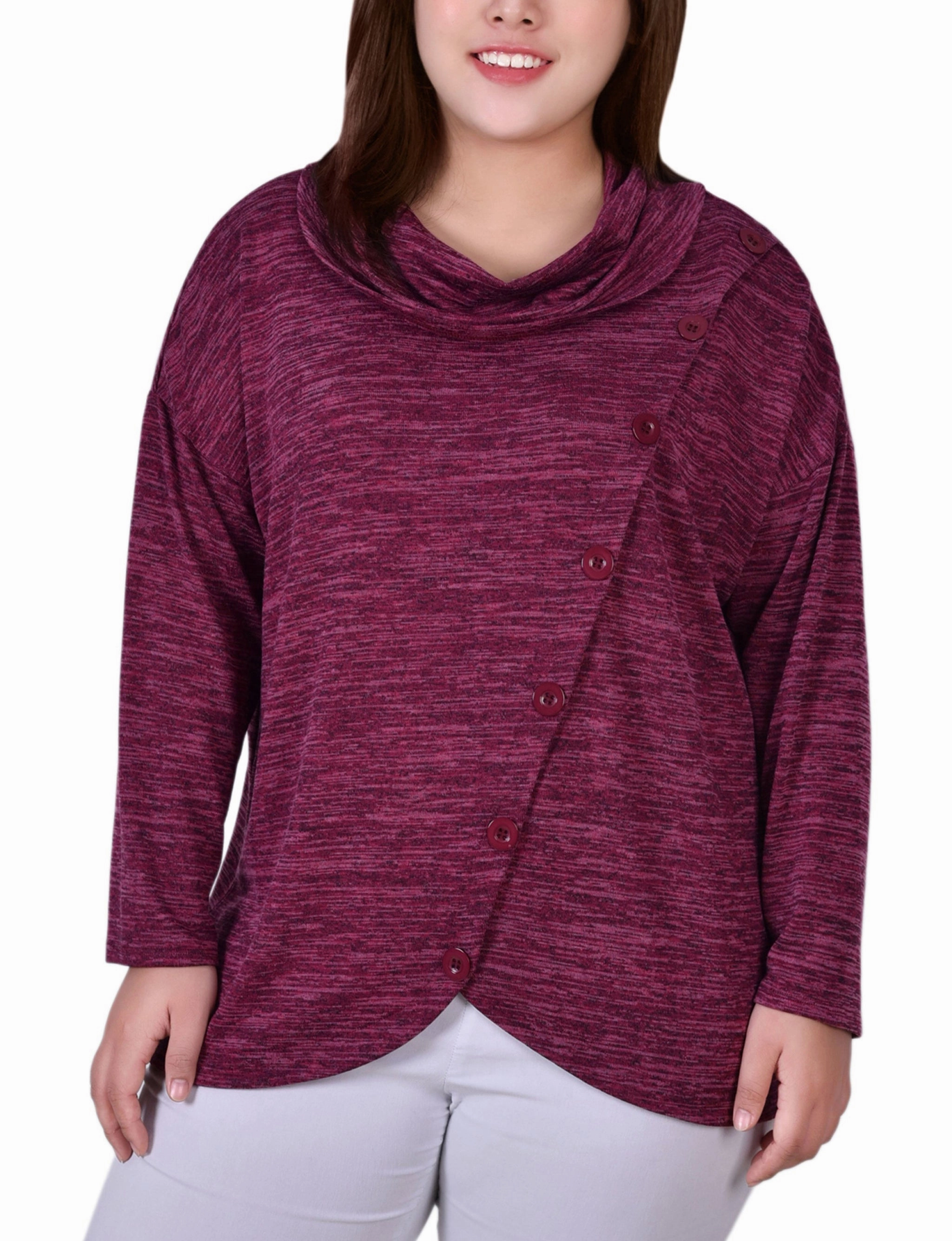 Stretch Knit Material Plus Size Long Sleeve Cowl Neck Top With Button Detail