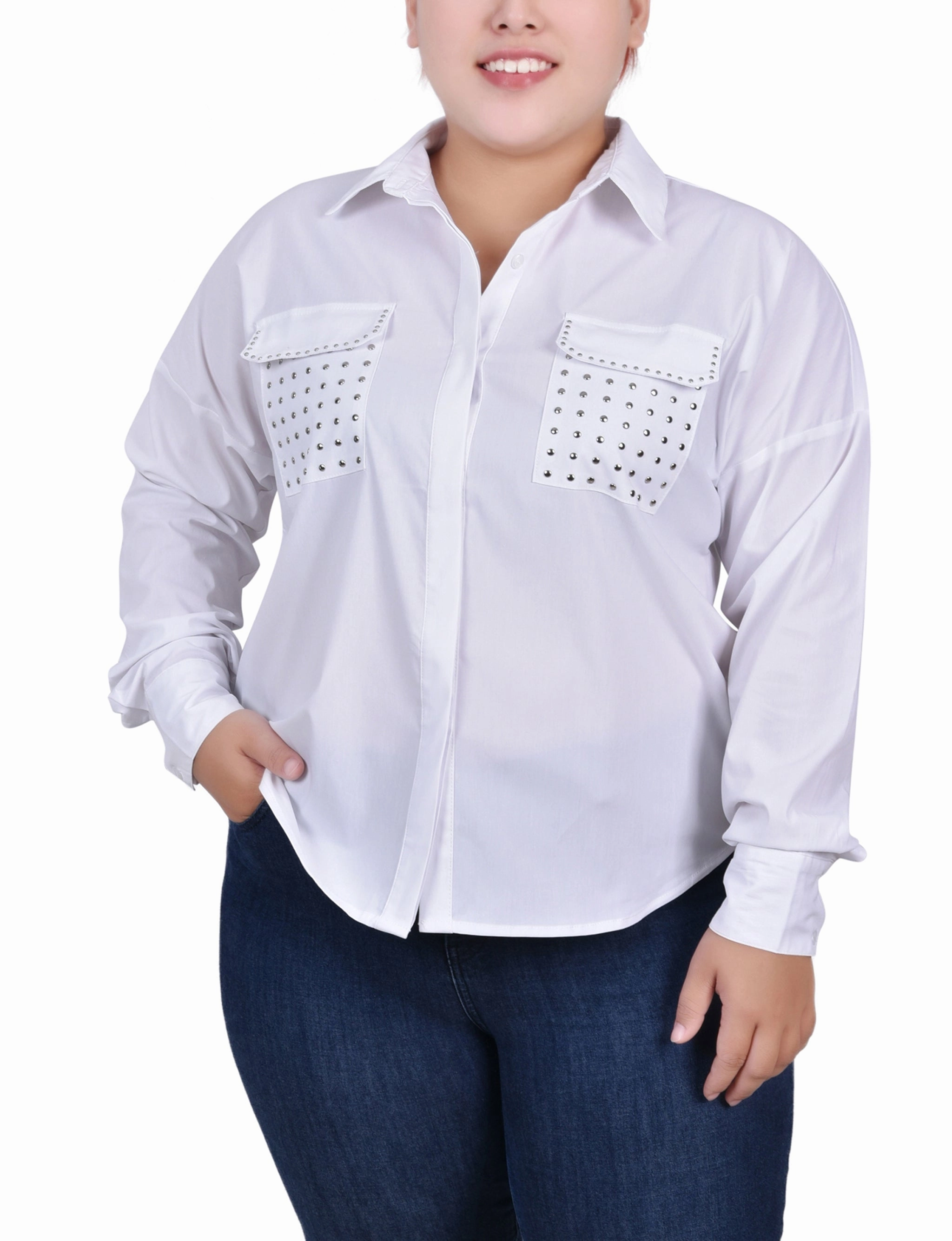 HighElasticity Thread Plus Size Long Sleeve Hidden Placket Blouse With Studs