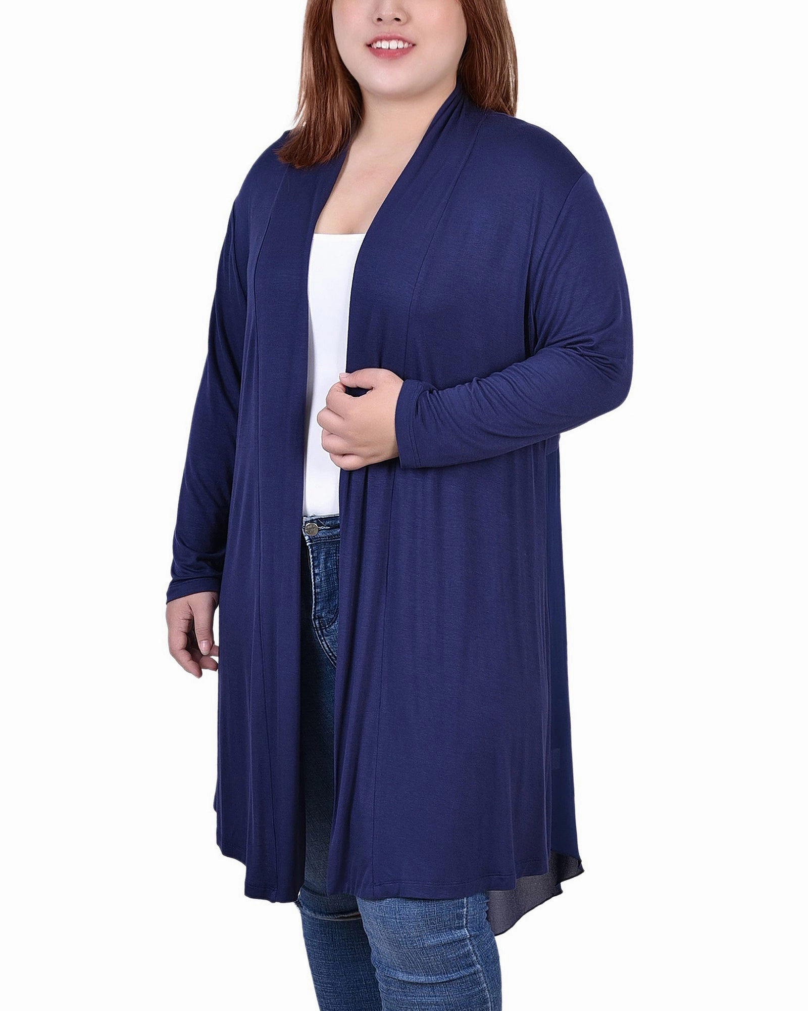 High Density Knit Sheer Overlay Material Plus Size Long Sleeve Knit Cardigan with Chiffon Back
