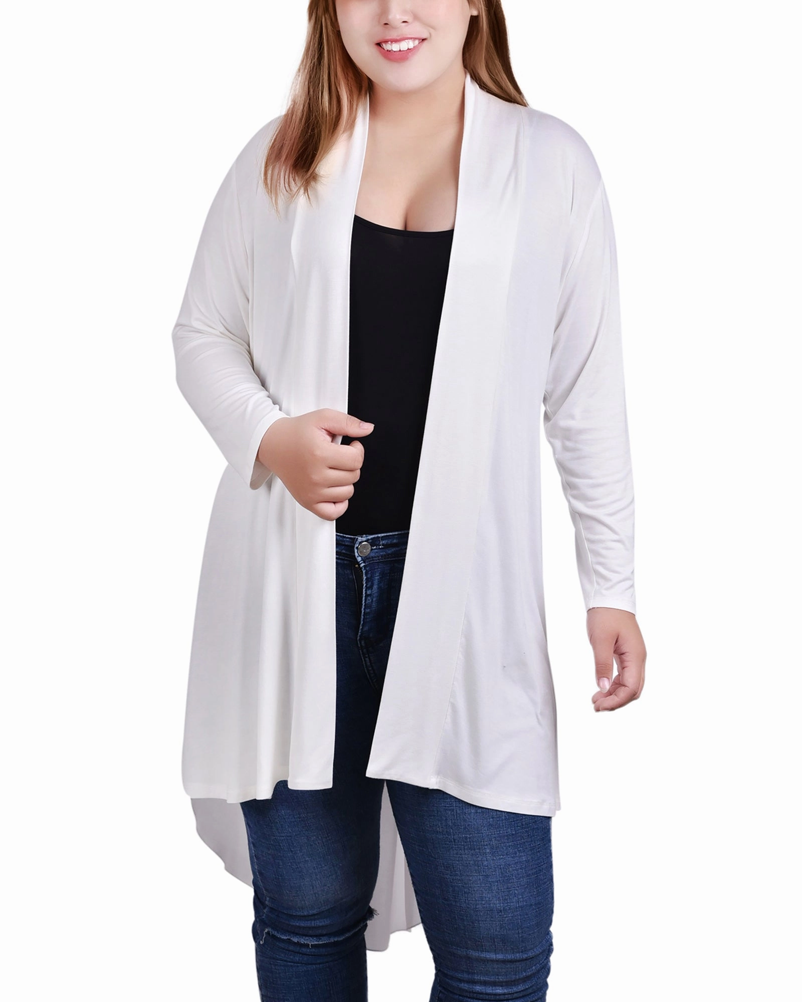 ResilientStretch Basic Wardrobe Plus Size Long Sleeve Knit Cardigan with Chiffon Back