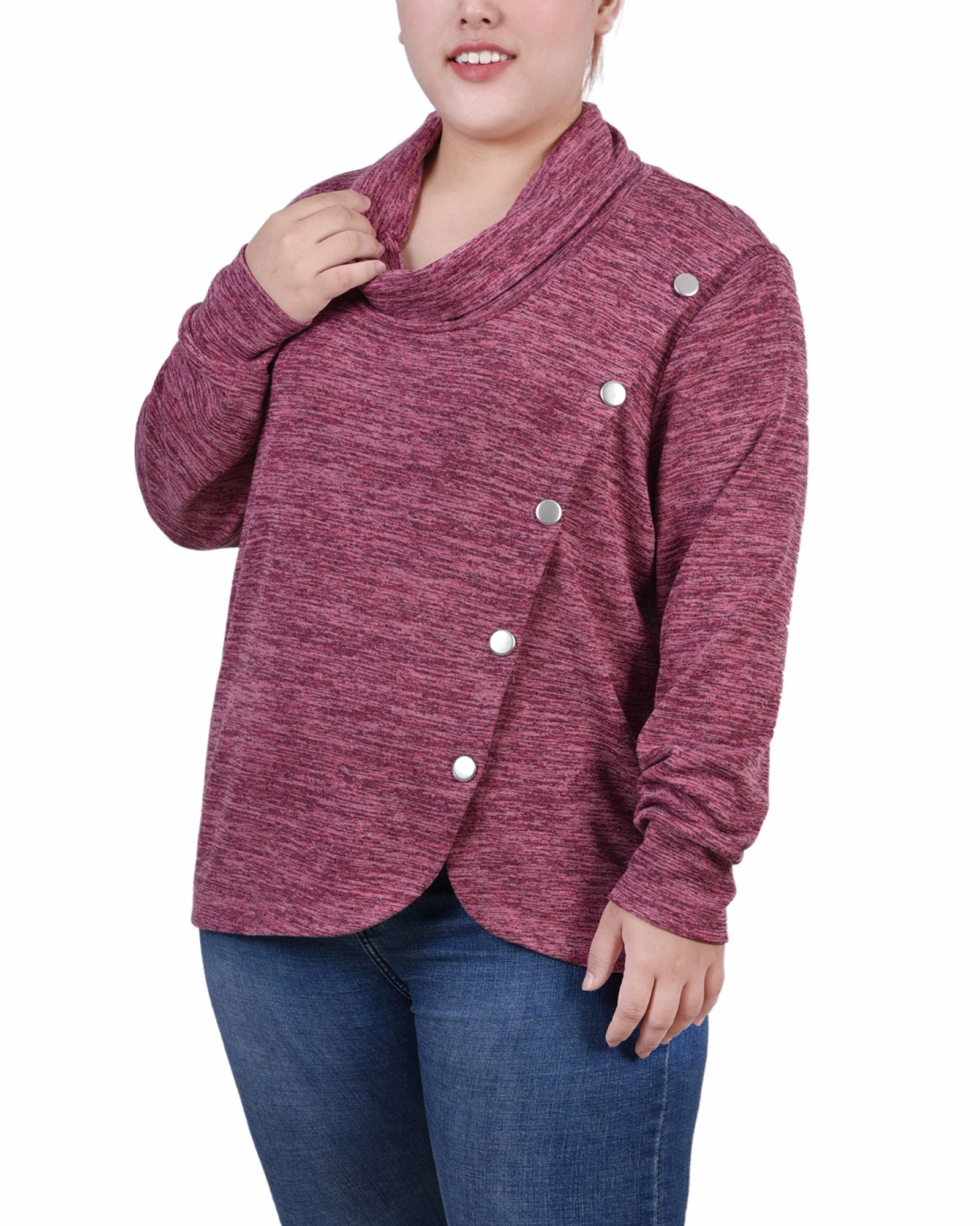 RibbedCuff Plus Size Long Sleeve Overlapping Cowl Neck Top
