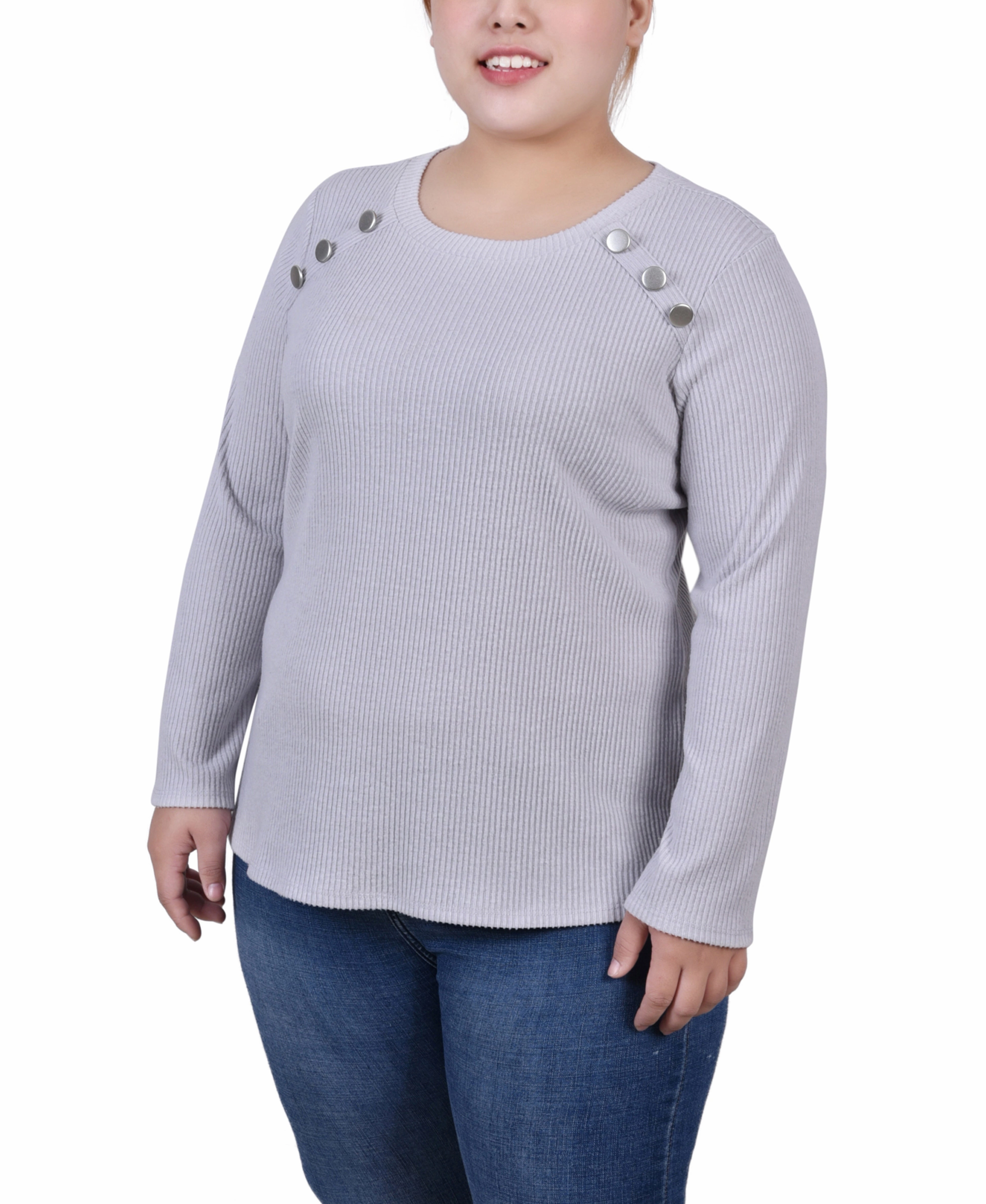 SeamFree Knitting AllDayComfort Plus Size Long Sleeve Ribbed Button Detail Top