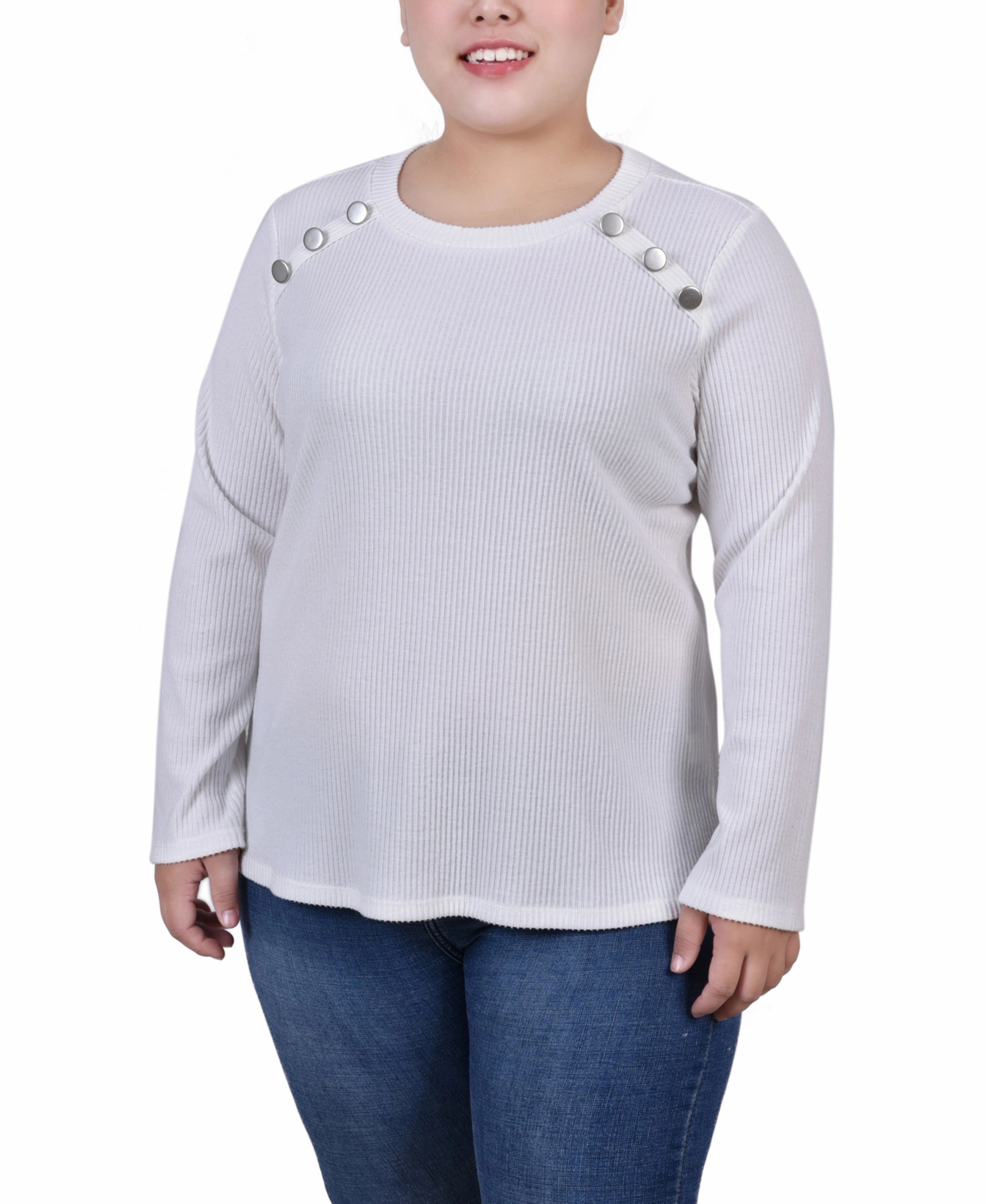 ElasticEdgeBinding Plus Size Long Sleeve Ribbed Button Detail Top