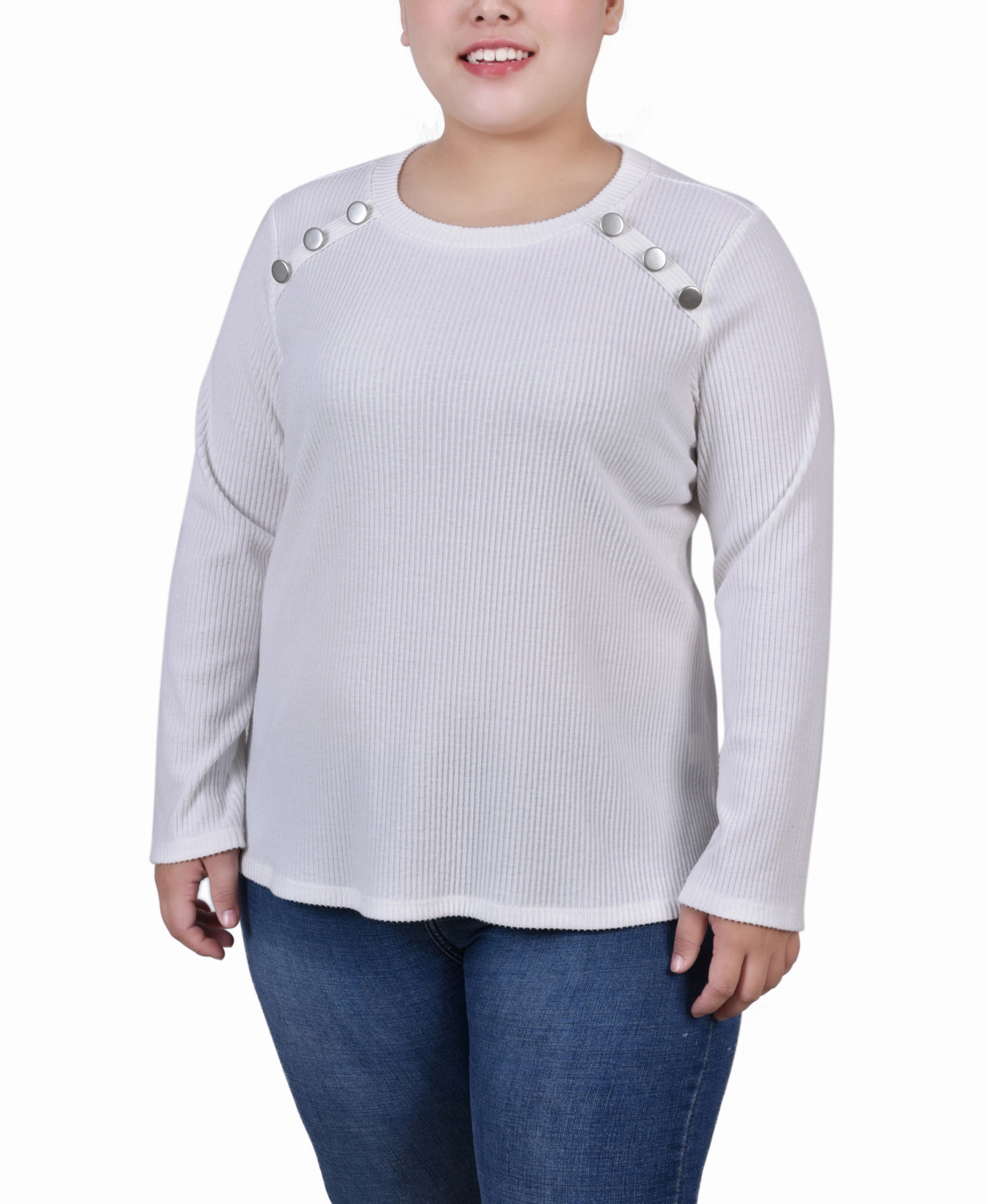 Plus Size Long Sleeve Ribbed Button Detail Top Moisture Wicking Technology QuickDryConstruction