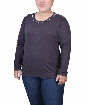 Plus Size Long Sleeve Ribbed Pearl Trimmed Top HighCollar Design