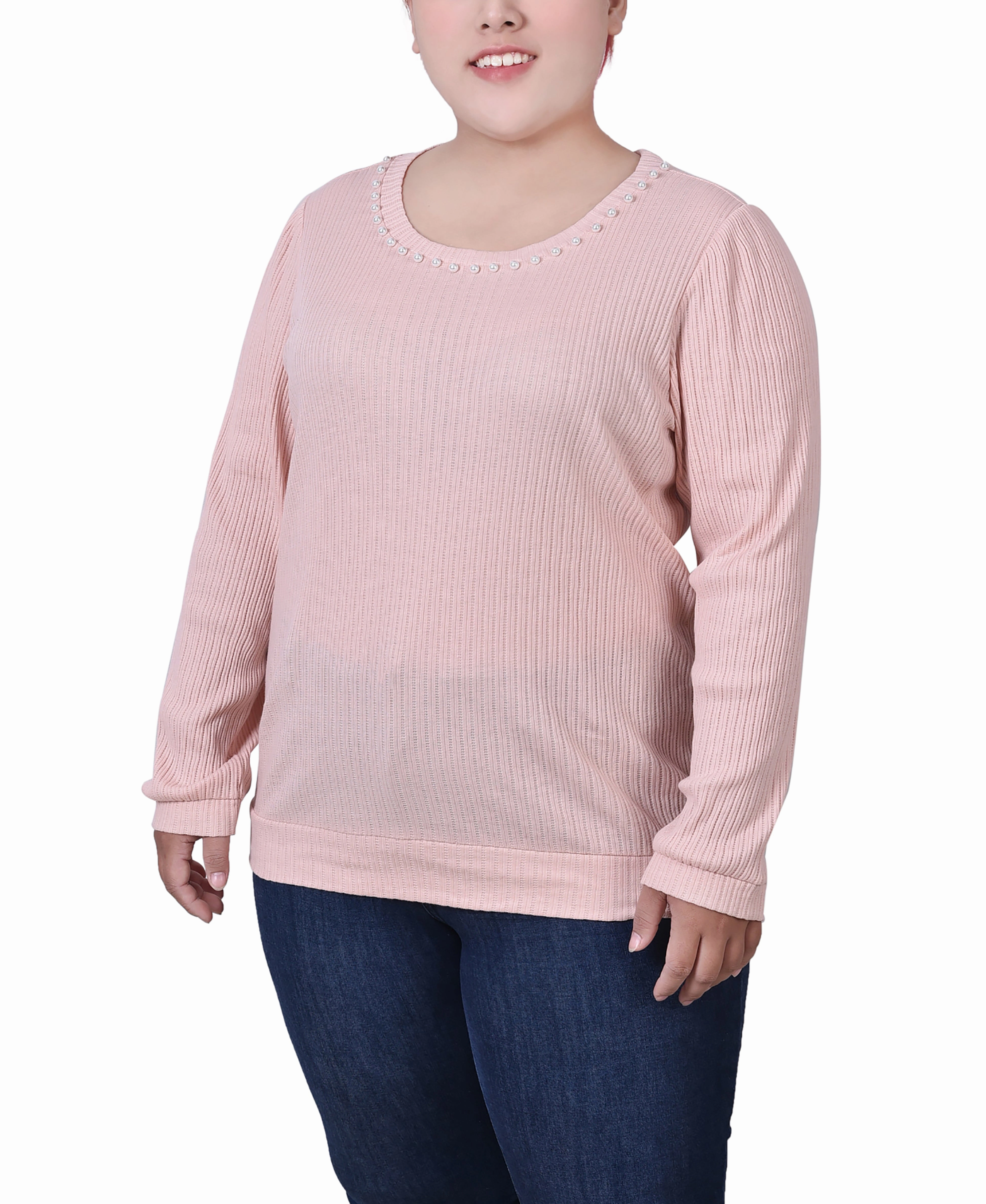 Plus Size Long Sleeve Ribbed Pearl Trimmed Top Fitted Shirt