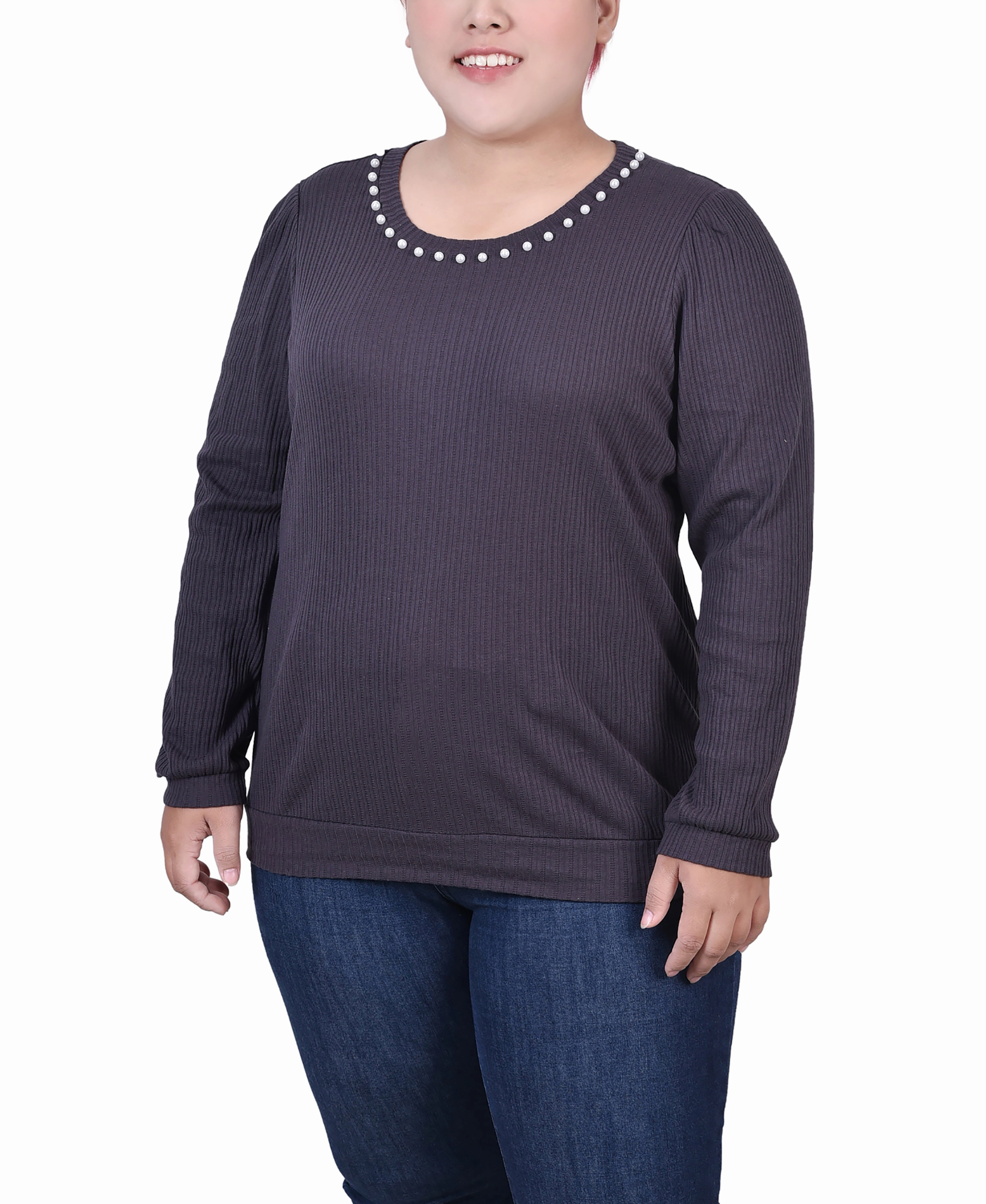 Plus Size Long Sleeve Ribbed Pearl Trimmed Top HighCollar Design