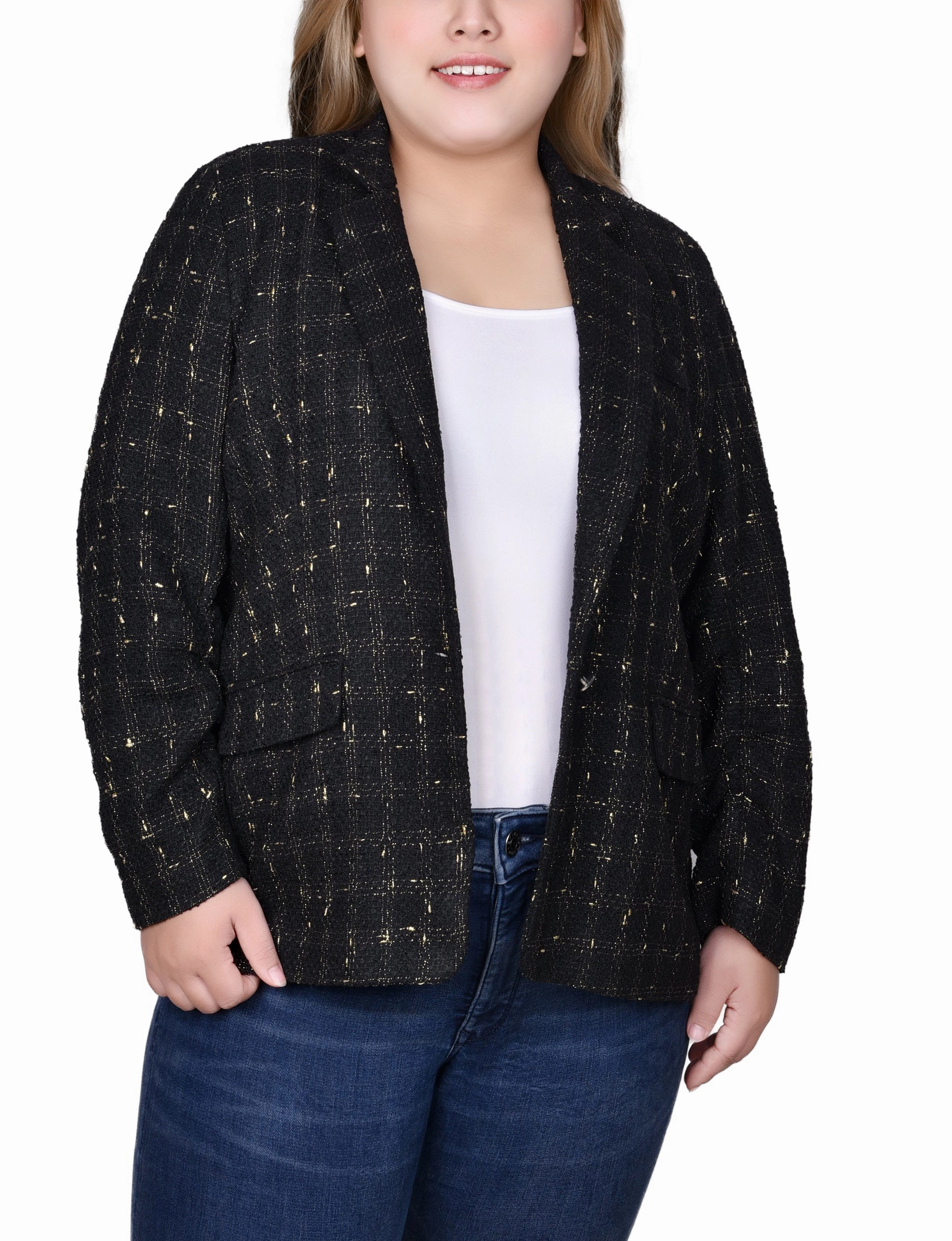 Plus Size Long Sleeve Tweed Jacket FoldableFeature