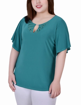 Plus Size Mesh Flutter Sleeve Knit Top FlexibleRibbedTrims