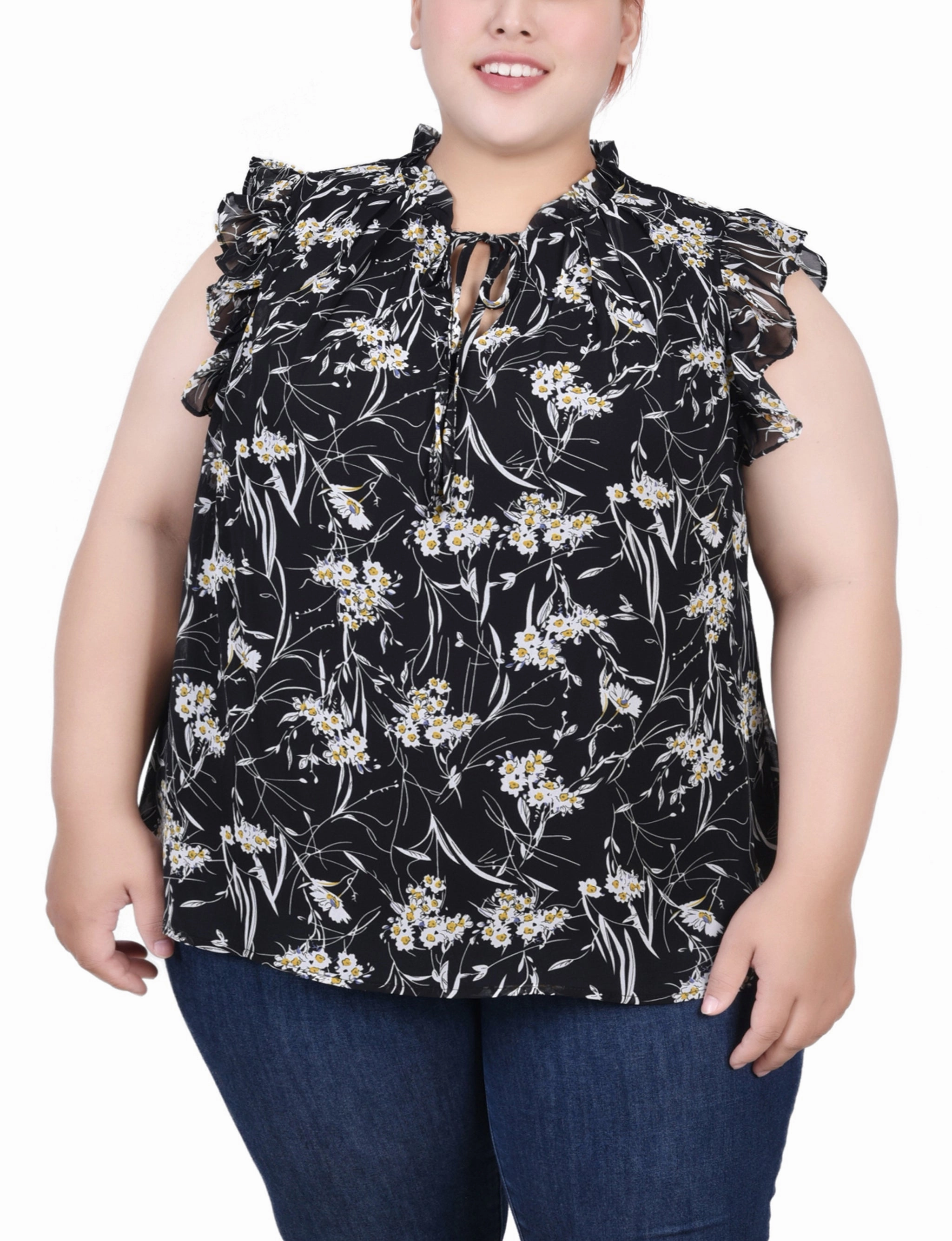 Soft Knit HiddenPocket Plus Size Ruffled Sleeve Blouse With Tie Closure