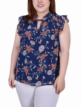 Plus Size Ruffled Sleeve Blouse With Tie Closure FourWay Stretch