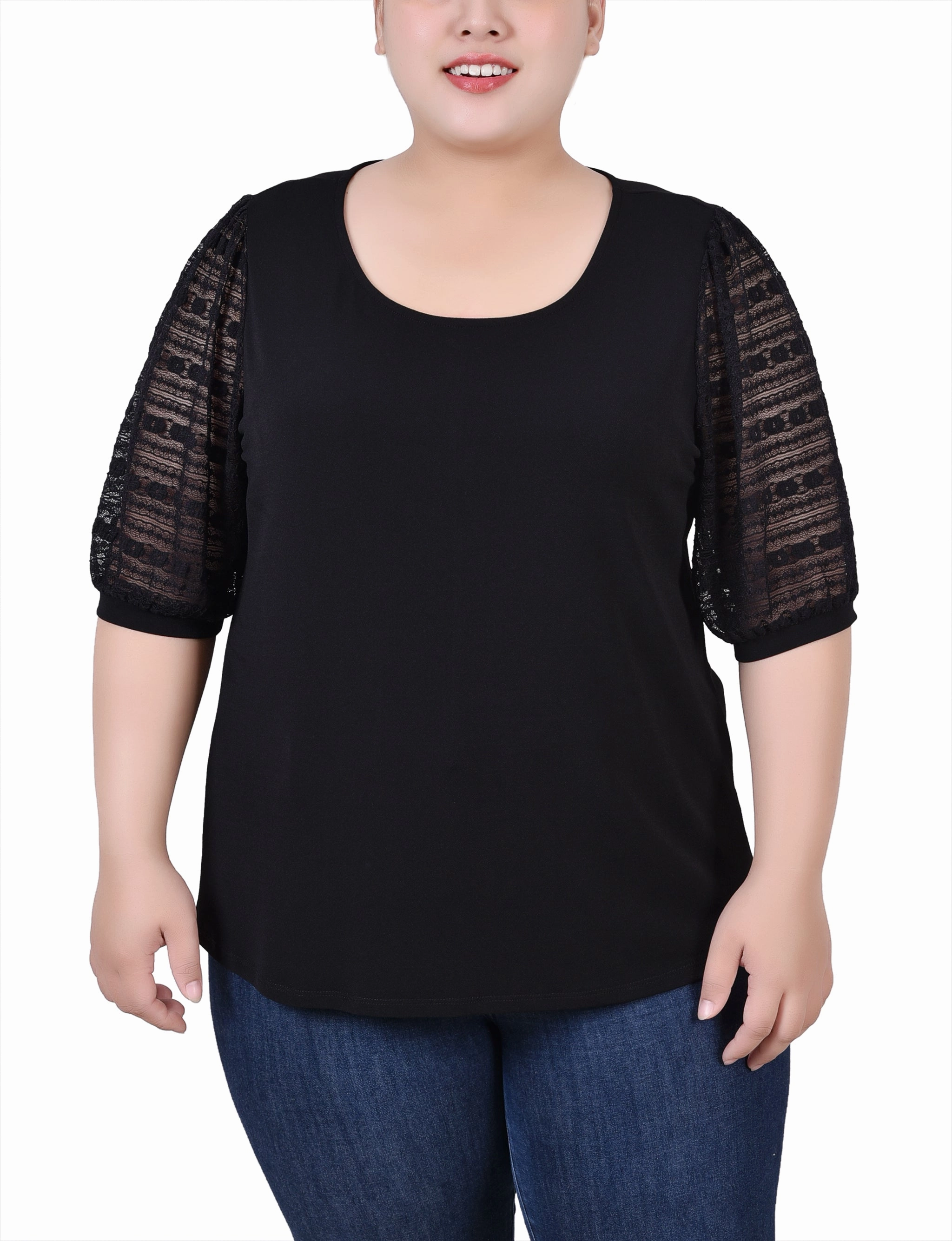 FlexibleRibbing Plus Size Short Burnout Sleeve Scoop Neck Top