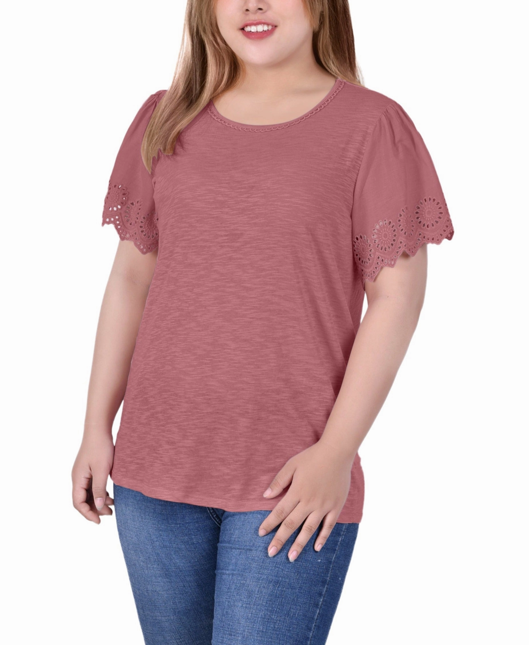 CushionedSupport Plus Size Short Flutter Eyelet Sleeve Top