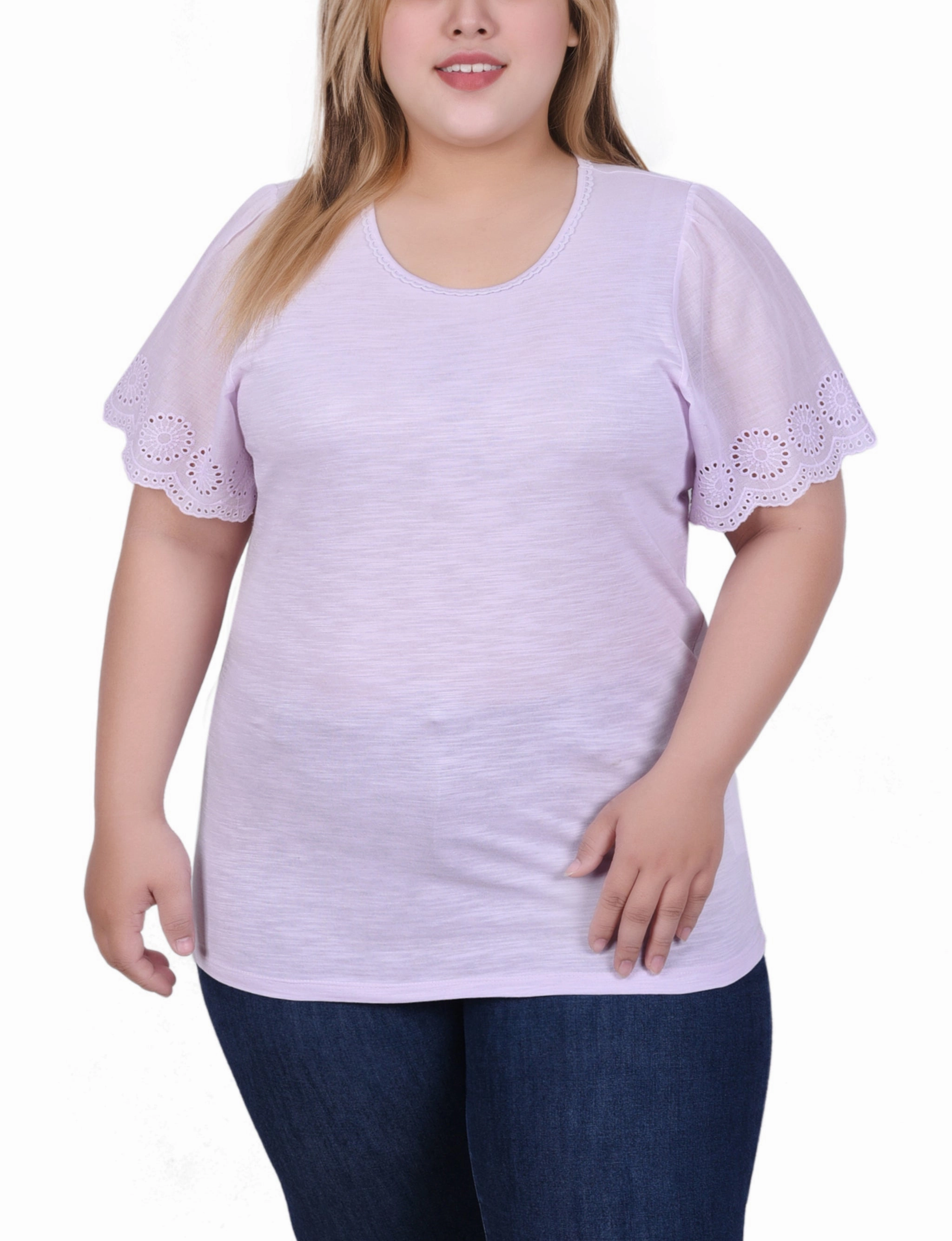 Plus Size Short Flutter Eyelet Sleeve Top Durable Color Retention Recycled Material Blend