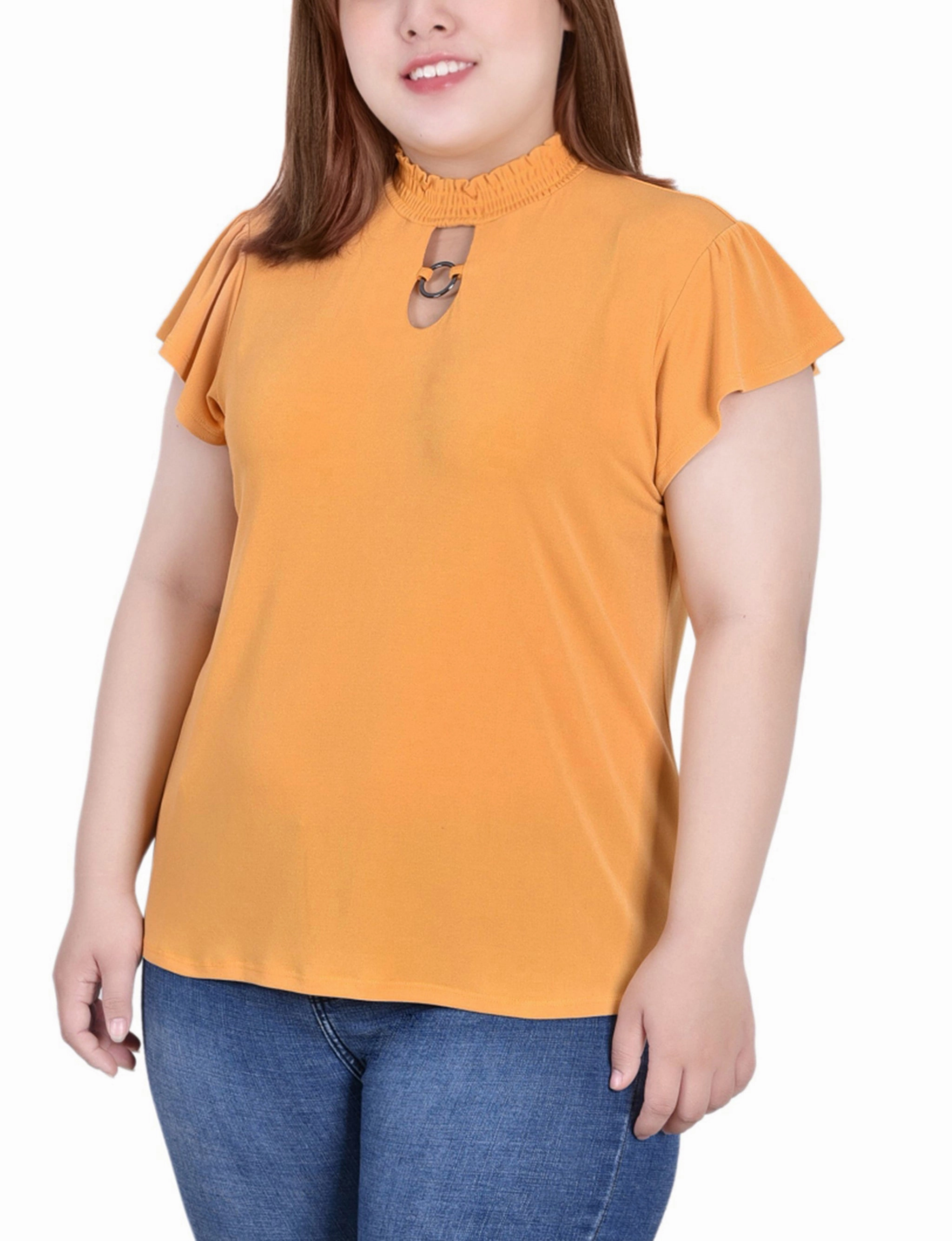 Plus Size Short Flutter Sleeve Mock Neck Top Recycled Polyester Blend Comfortable Fabric