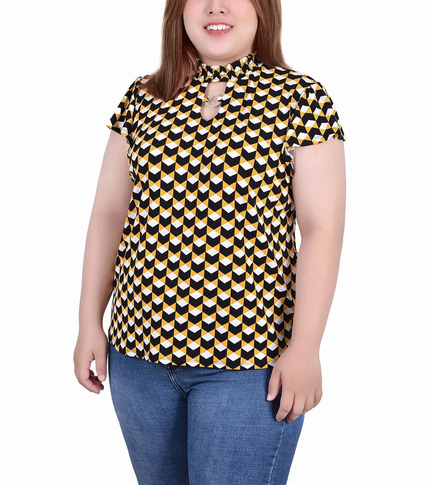 Tagless Comfort Plus Size Short Flutter Sleeve Mock Neck Top