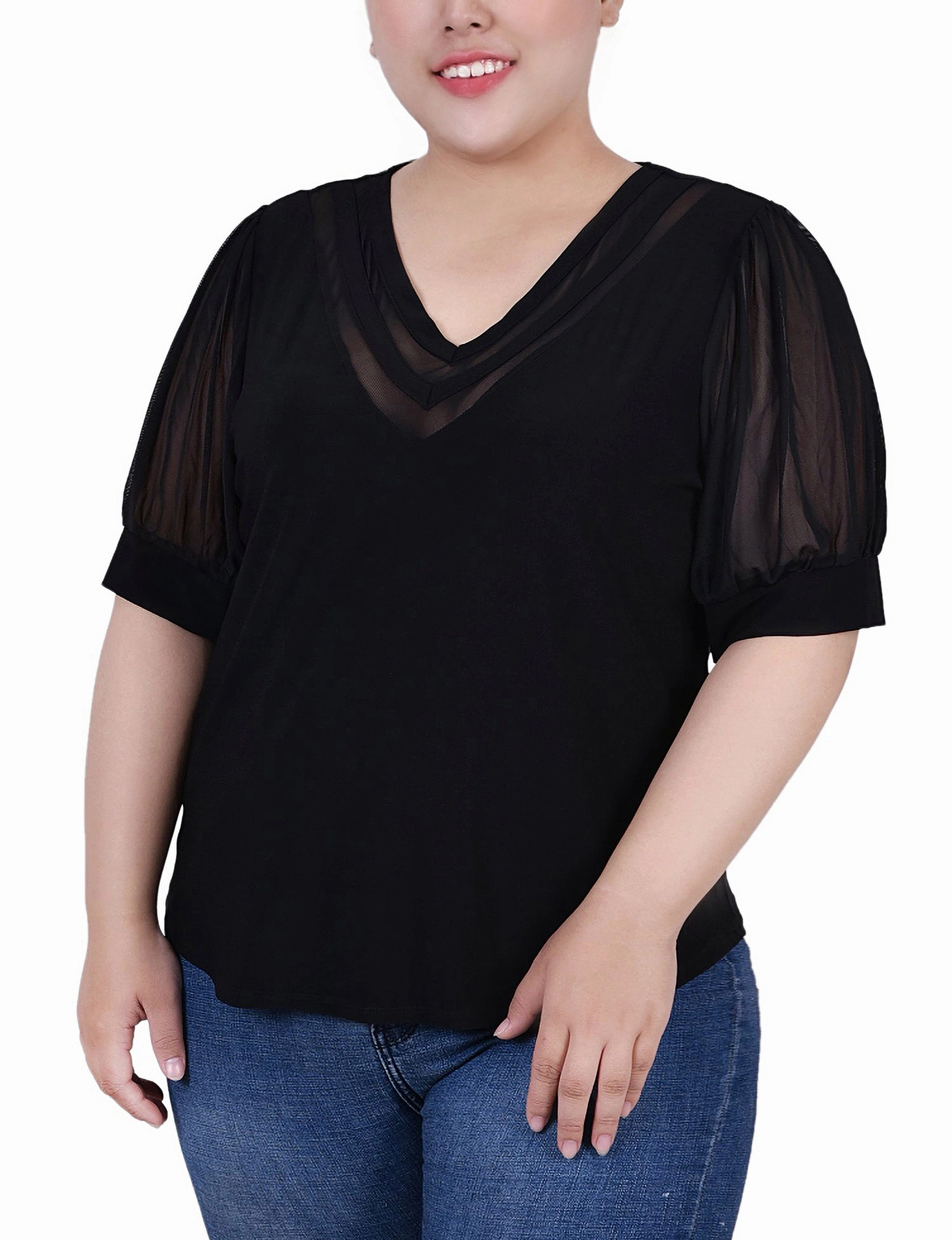 Plus Size Short Puff Sleeve V Neck Top Durable Fiber Blend