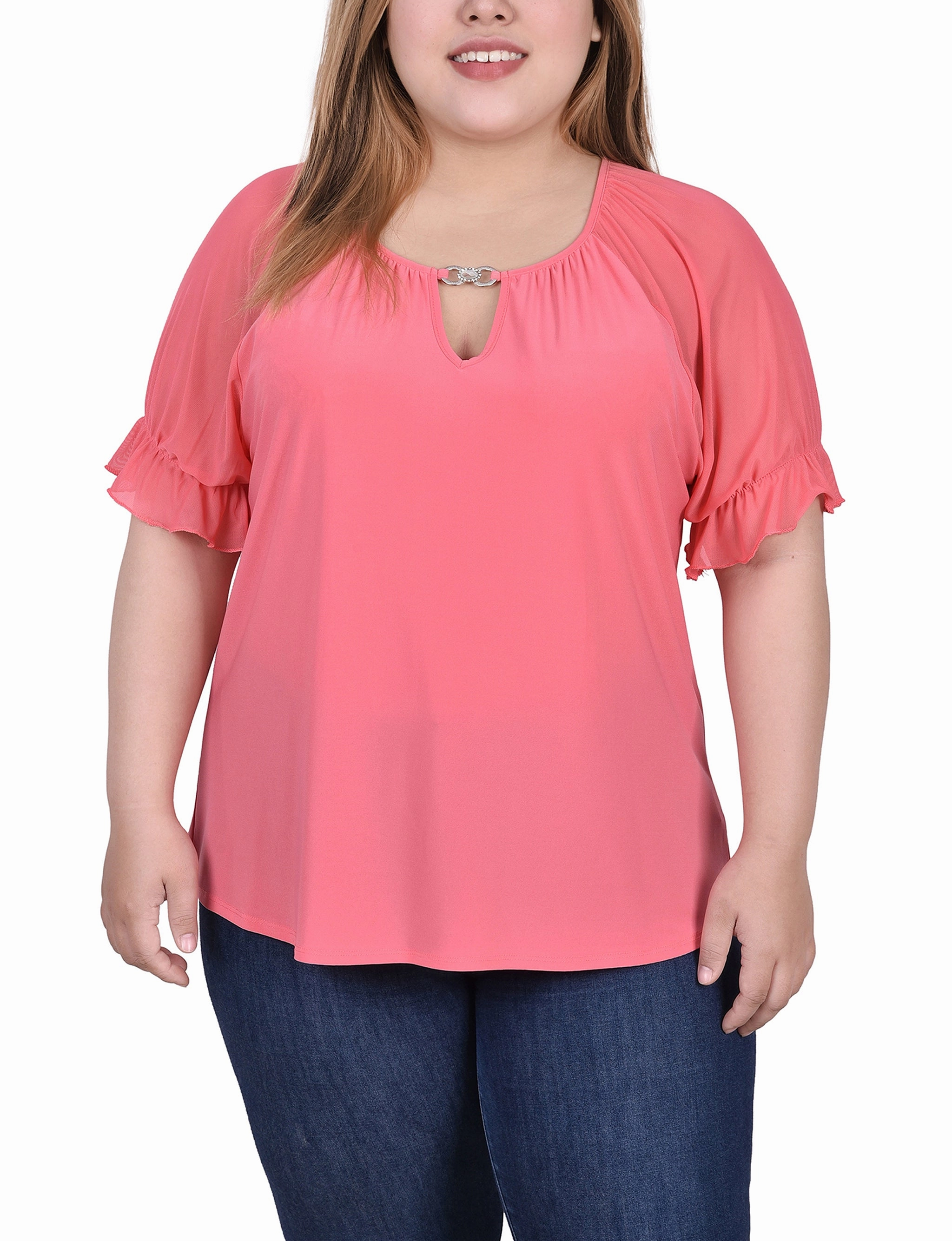 Plus Size Short Ruffle Sleeve Top With Rhinestones Compact Stitching Stain Repellent Coating