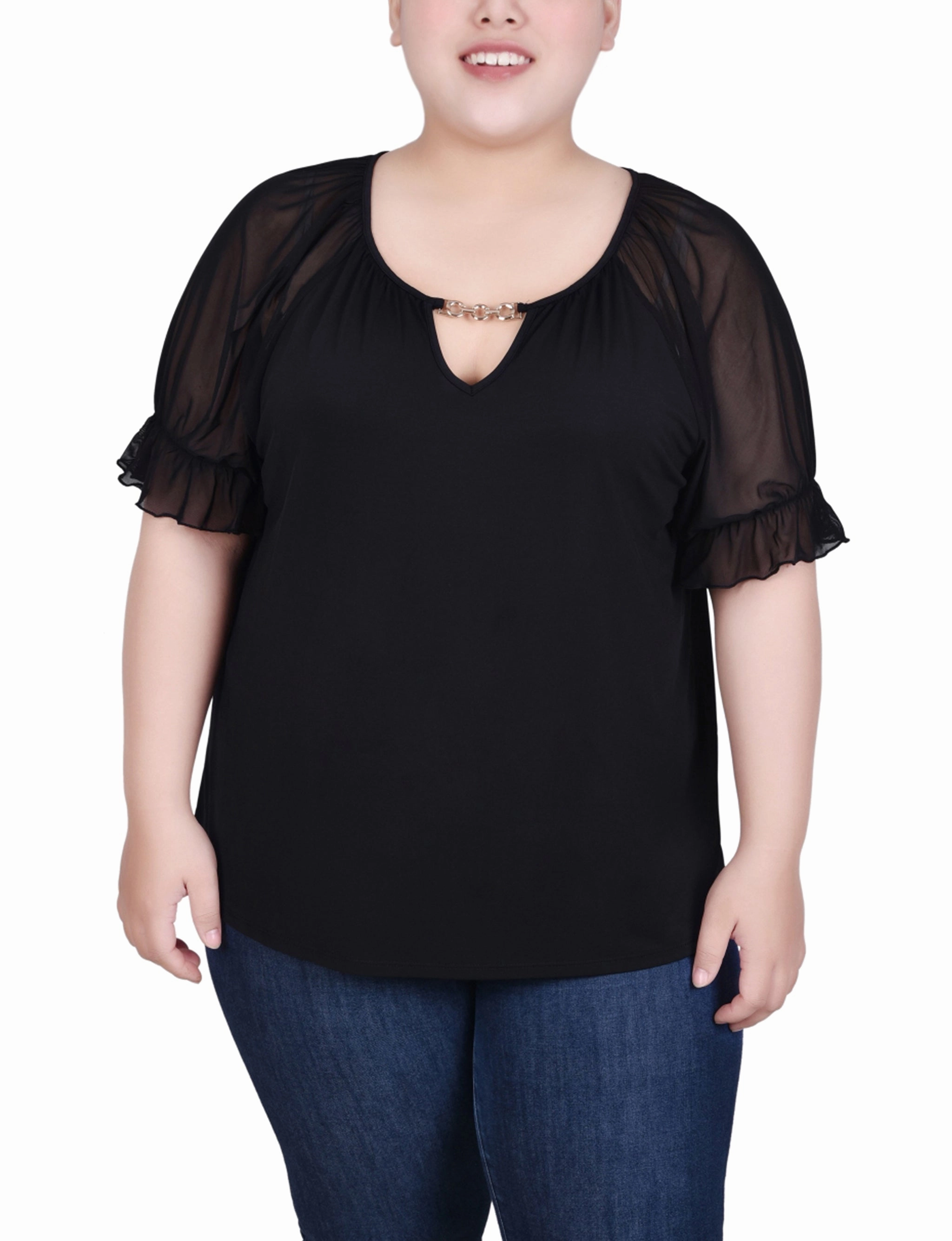 Casual Blouse Stretchable Waistband Plus Size Short Ruffle Sleeve Top With Rhinestones