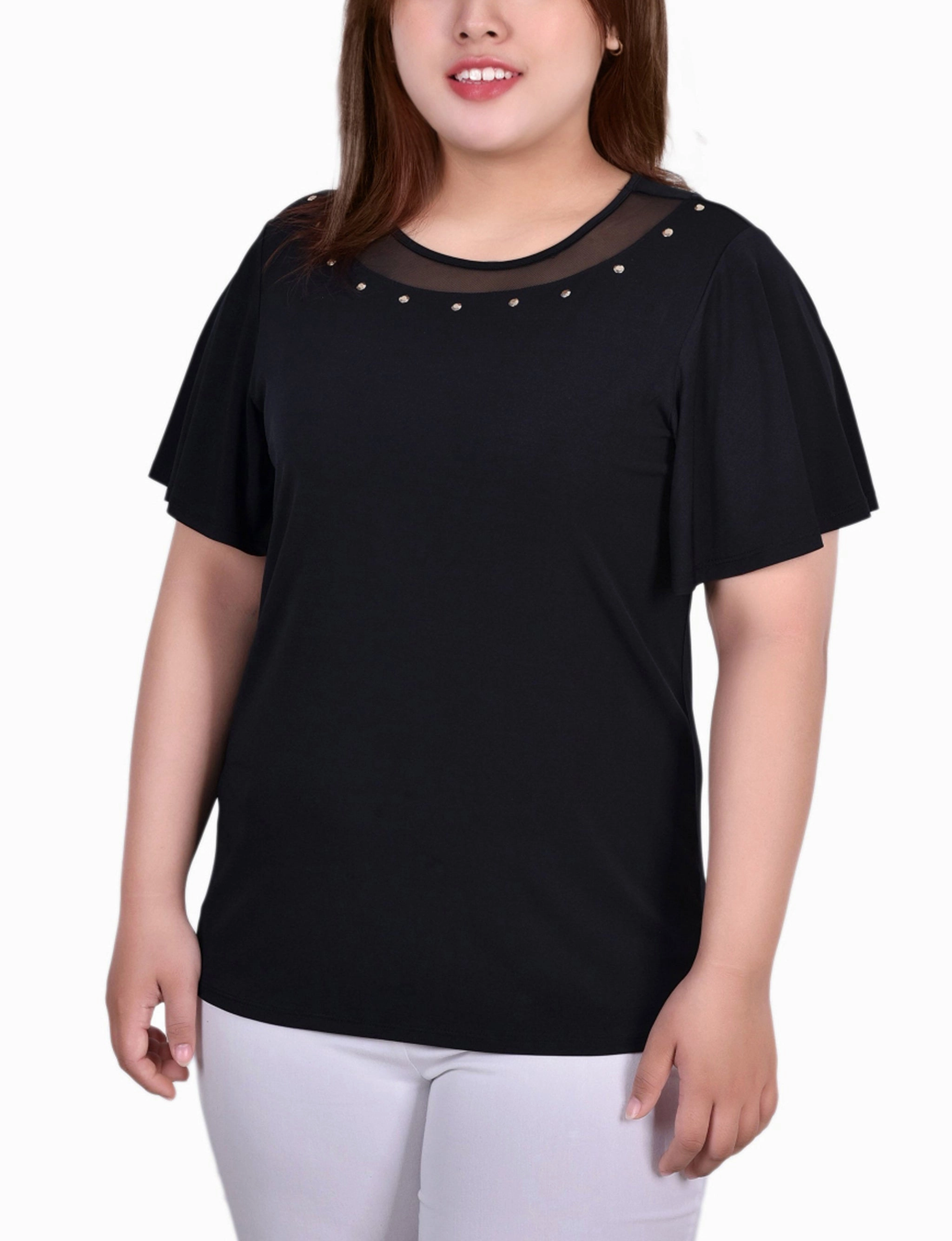 AntiPillTreatment Recycled Polyester Plus Size Short Sleeve Knit Top With Sheer Inset
