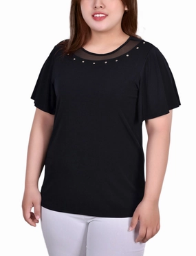 Plus Size Short Sleeve Knit Top With Sheer Inset Microfiber Technology