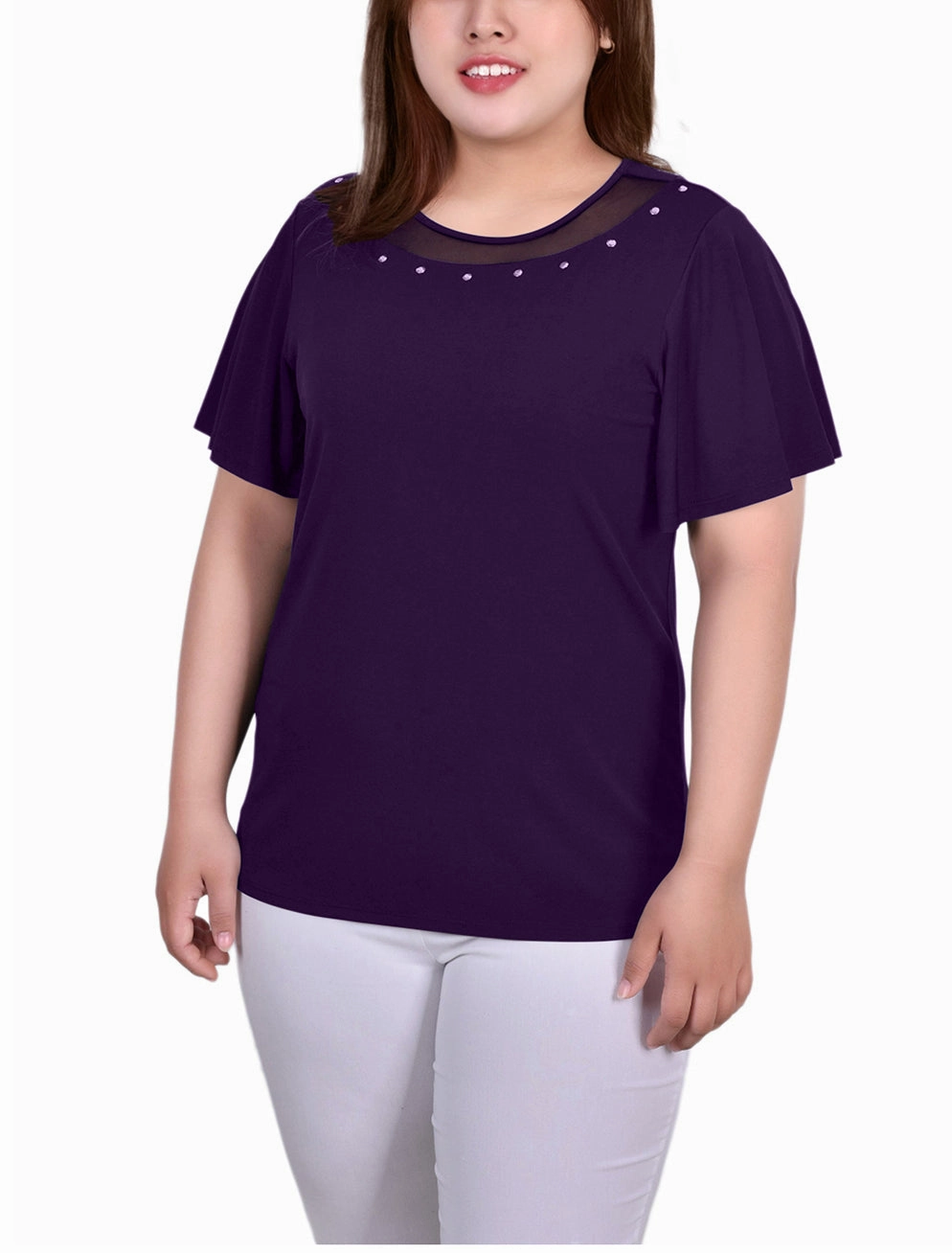 Trendy Sweater Anti Microbial Lining Plus Size Short Sleeve Knit Top With Sheer Inset