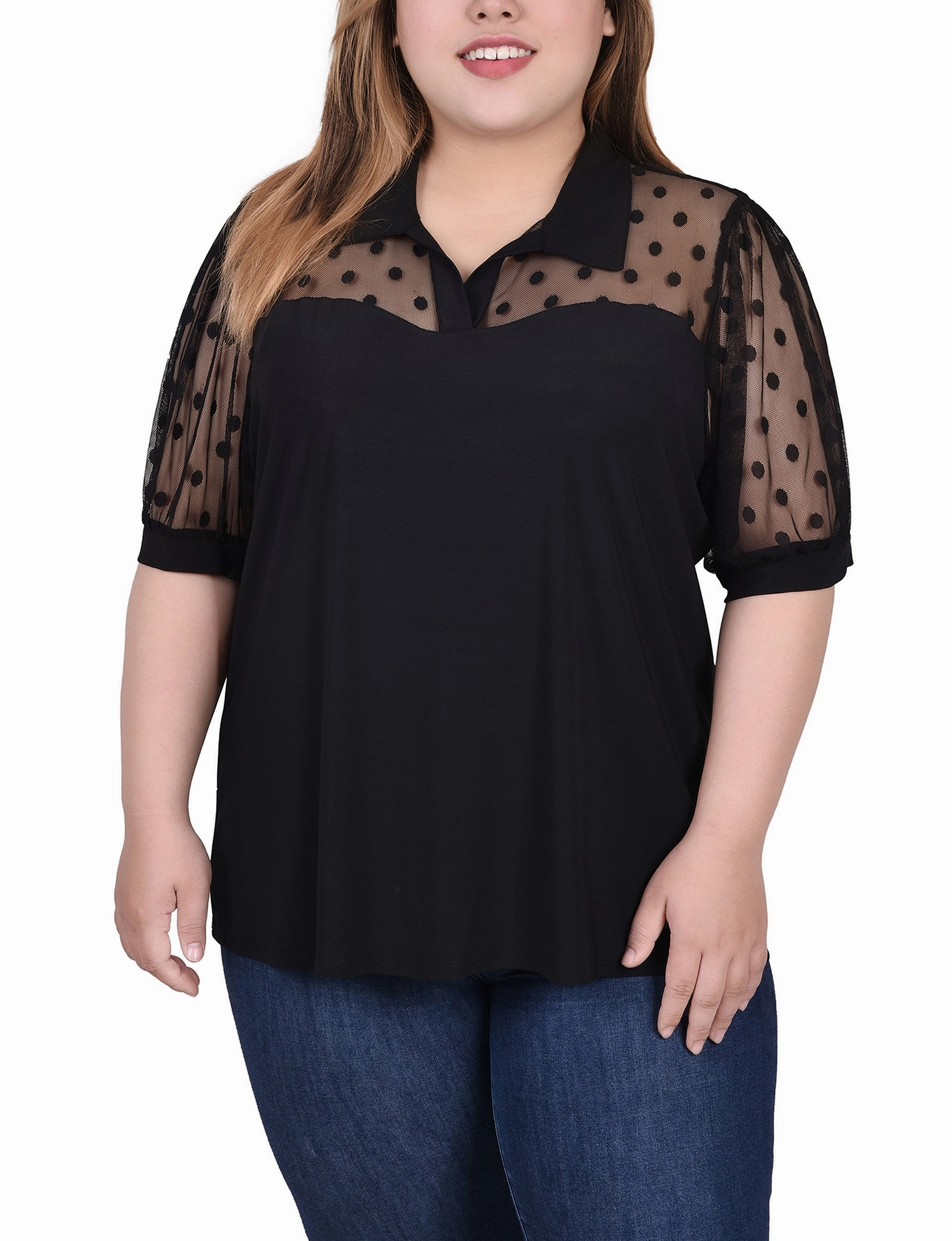 Multipurpose Design Plus Size Short Sleeve Top With Dotted Mesh
