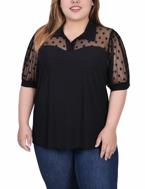 Plus Size Short Sleeve Top With Dotted Mesh CrossGrain Fabric