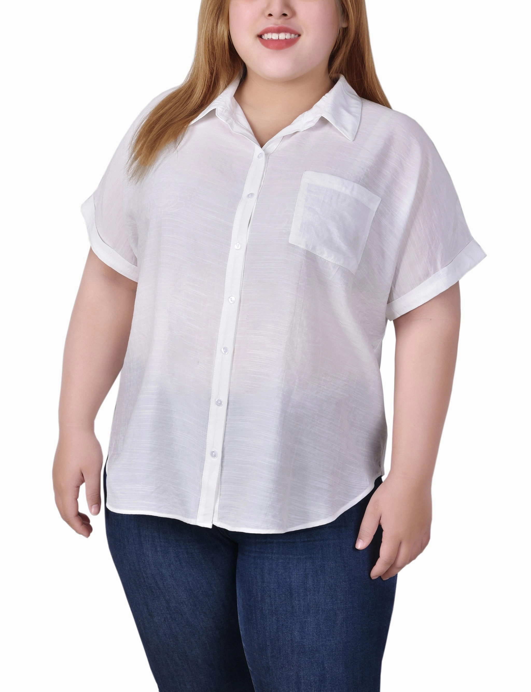 Soft Texture AdjustableDrawstring Plus Size Short Sleeve Woven Front/Jersey Back Top