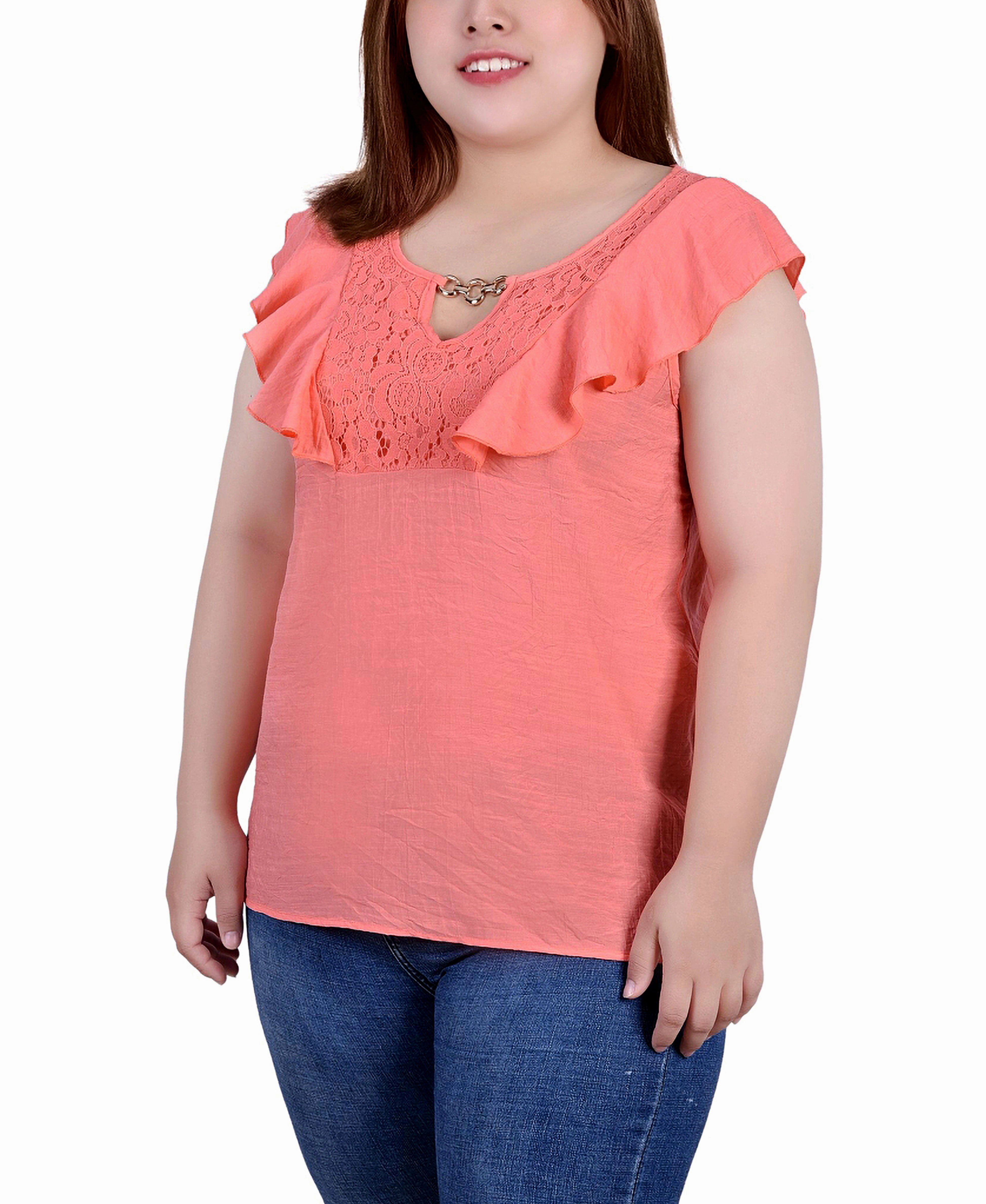 HighStretchElastic Plus Size Sleeveless Flutter Yoke Blouse