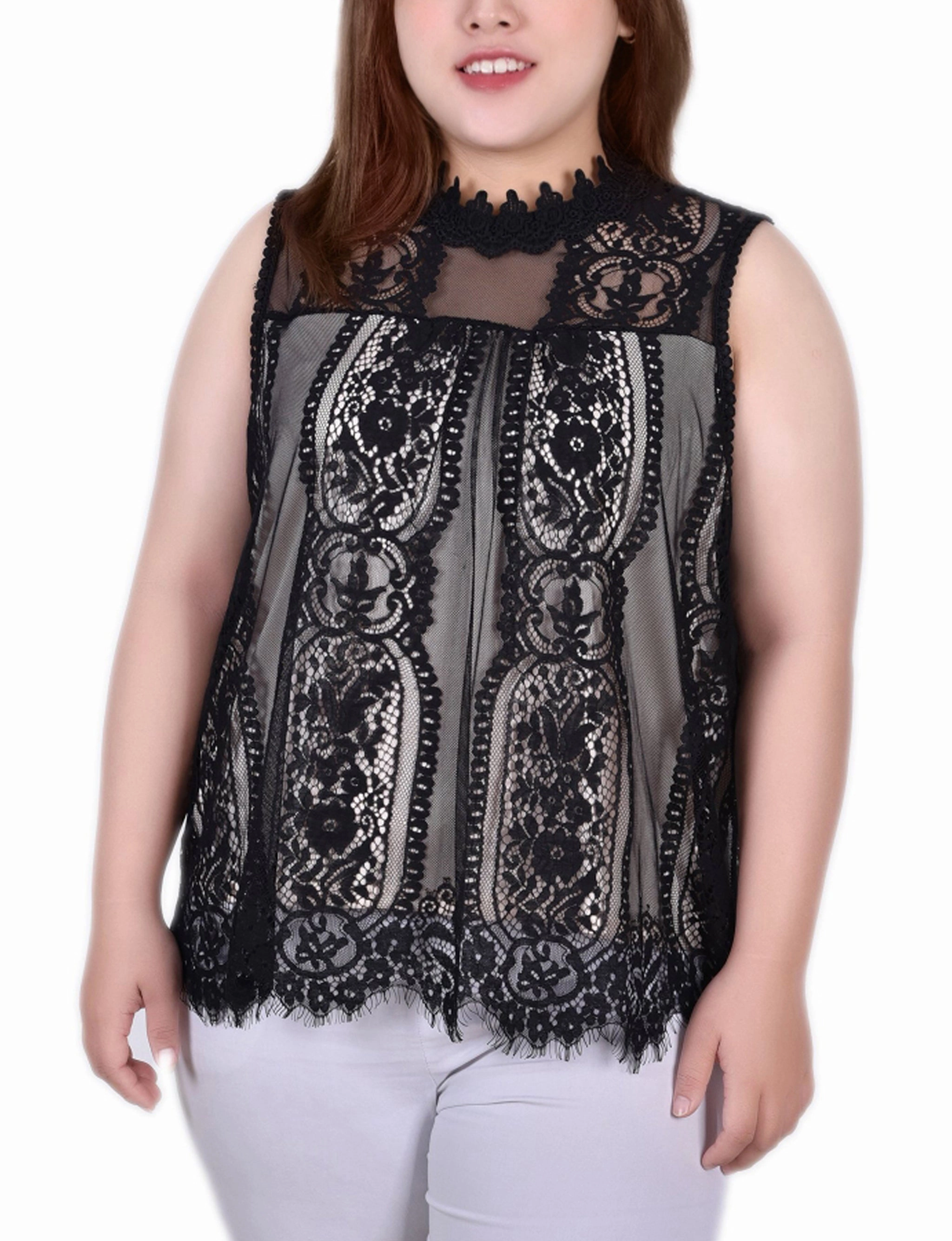 Stretch Technology Plus Size Sleeveless Mock Neck Lace Top