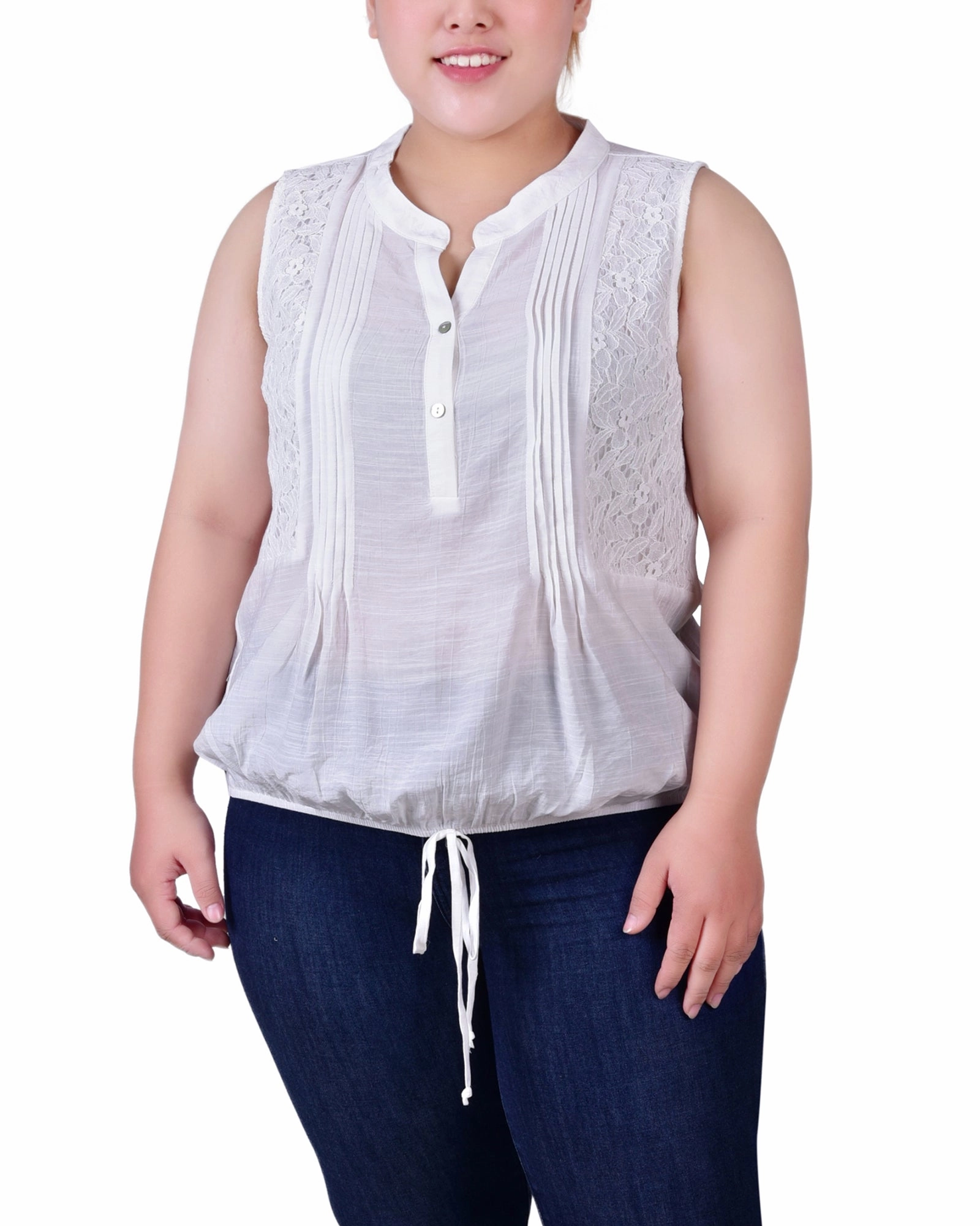 Plus Size Sleeveless Pintuck Tie-Hem Blouse Wicking Inner Lining