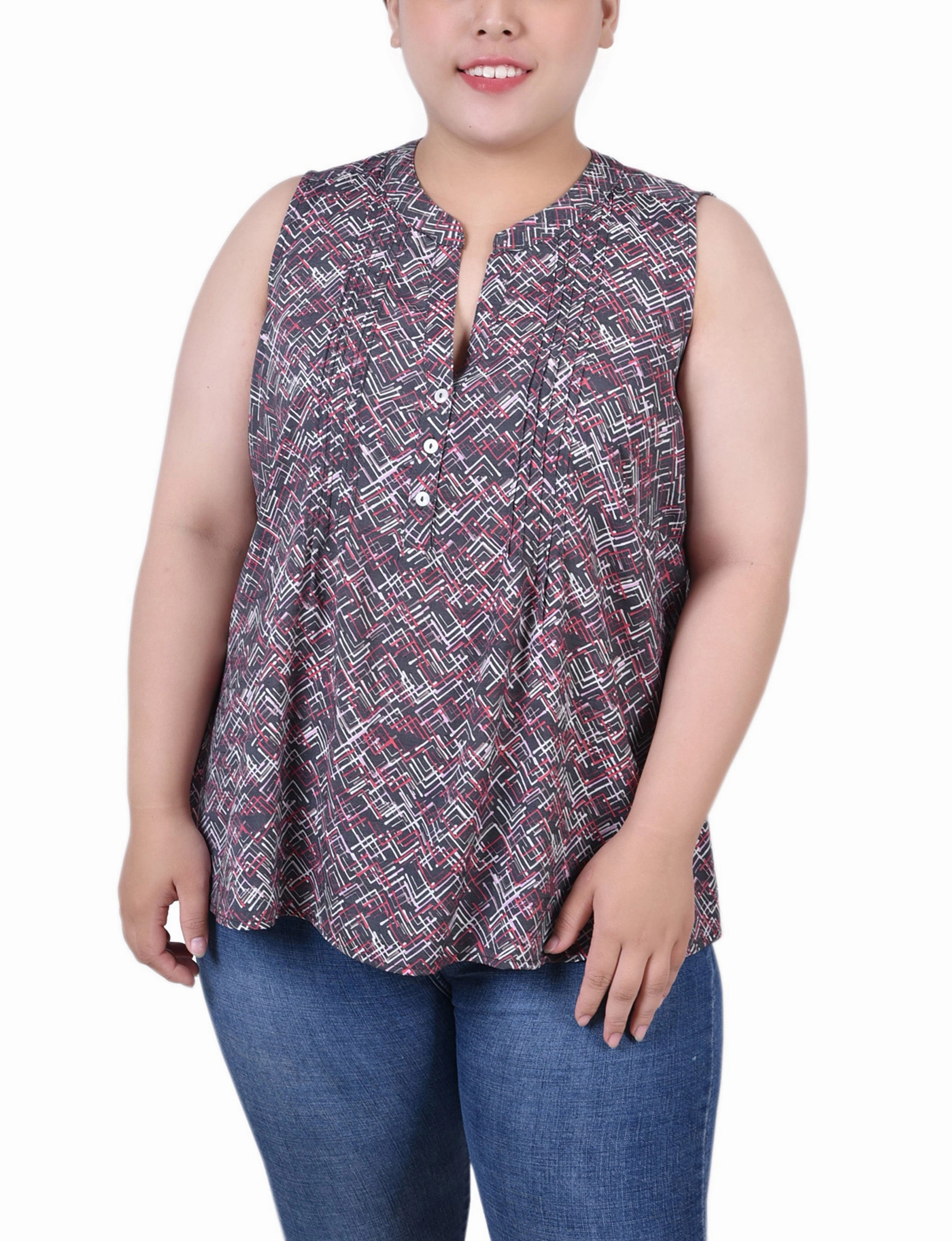 Plus Size Sleeveless Pintucked Blouse MoistureWickingTechnology