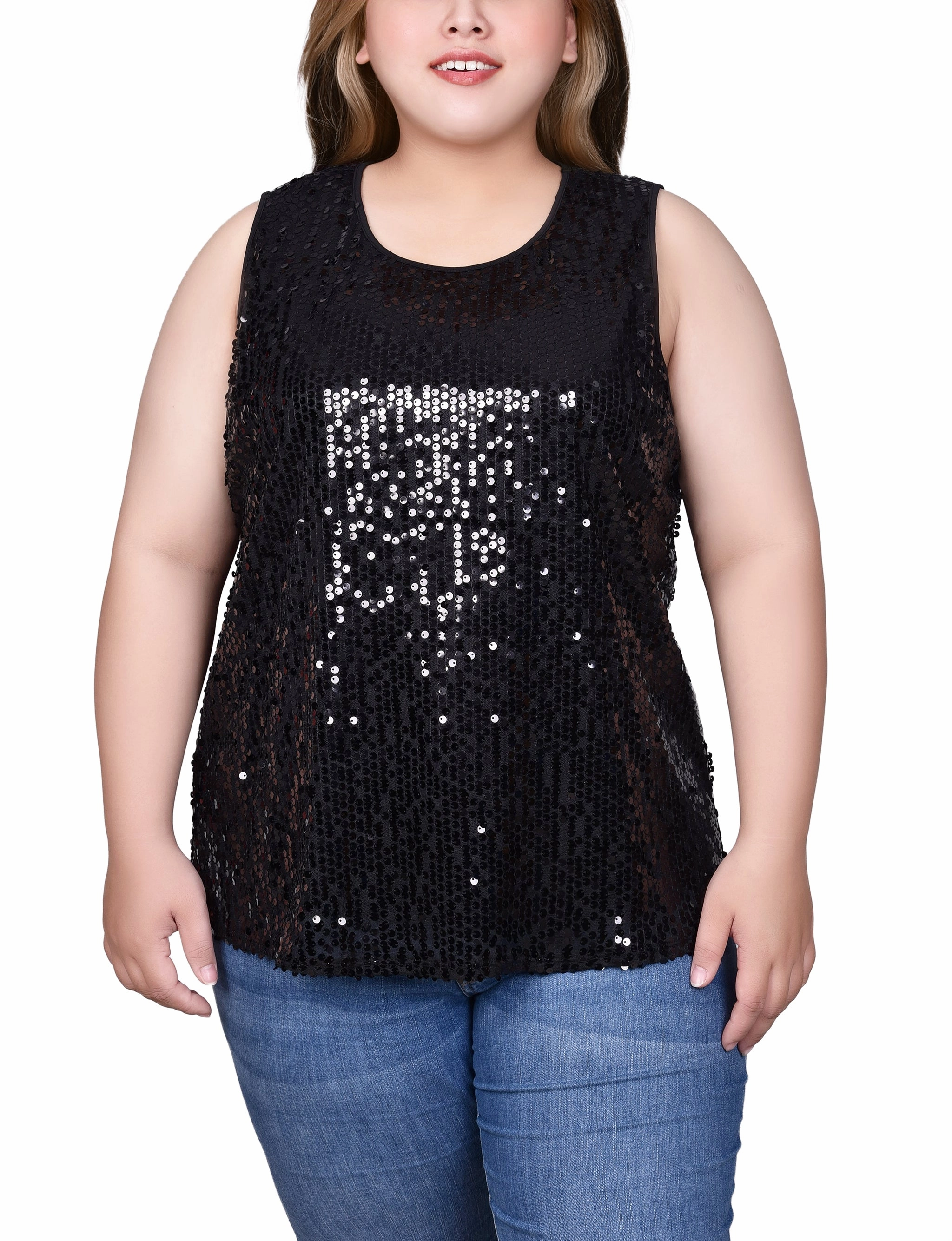Plus Size Sleeveless Sequined Tank Top With Combo Banding Low Profile Collar