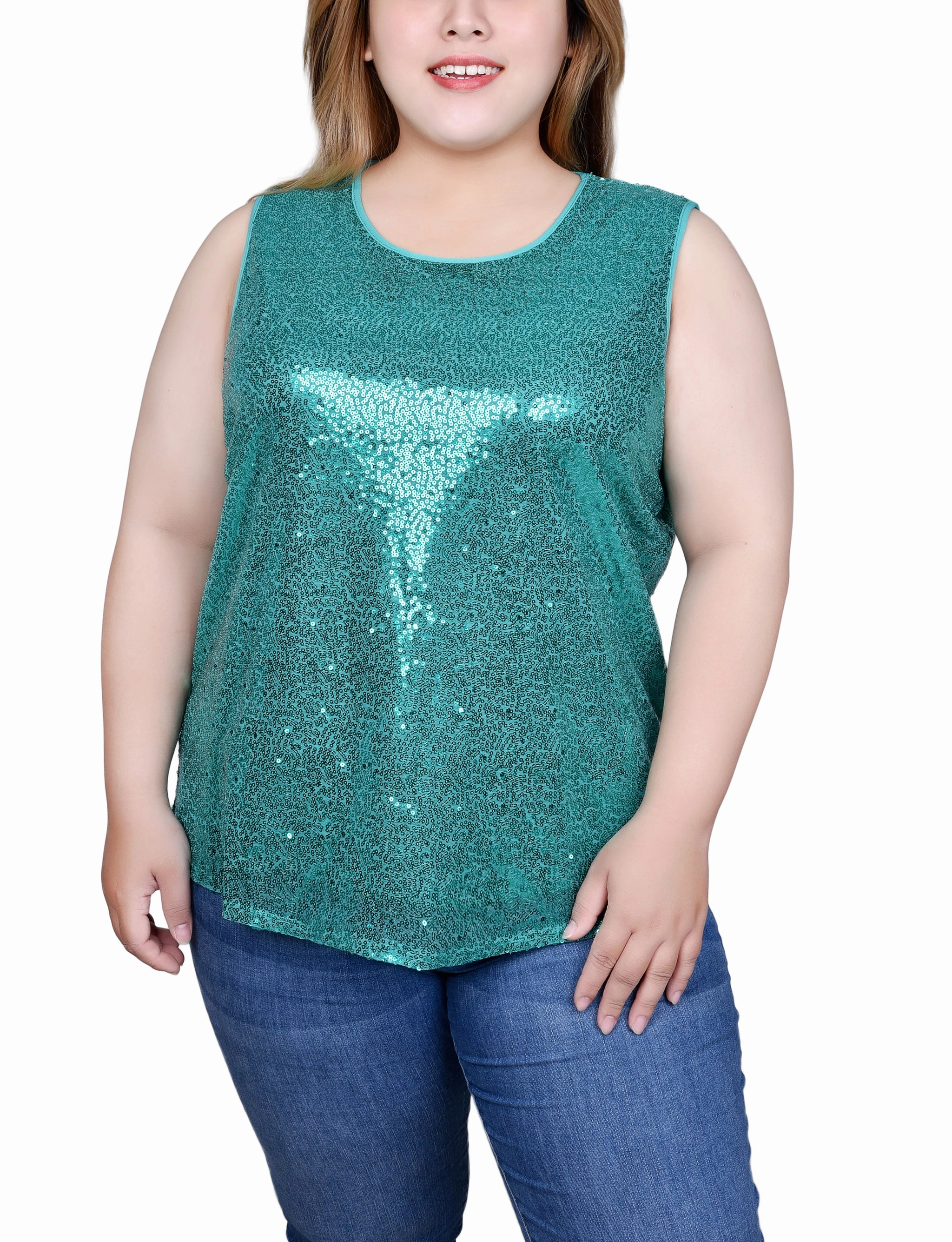 Wrinkle Free Weave AntiPilling Technology Plus Size Sleeveless Sequined Tank Top With Combo Banding