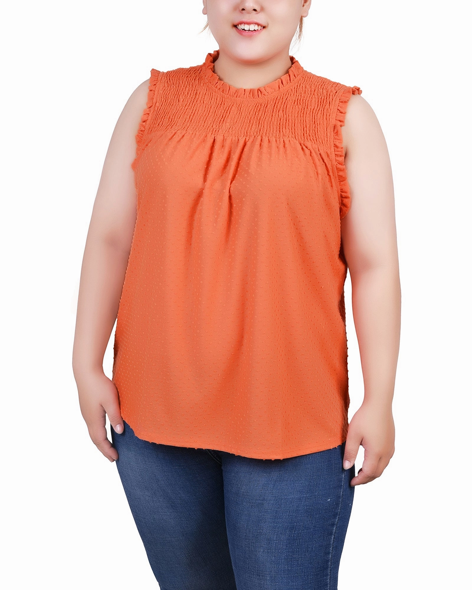 Plus Size Sleeveless Yoke Top With Ruffles Odor Resistant Treatment AntiSnagYarnProcessing