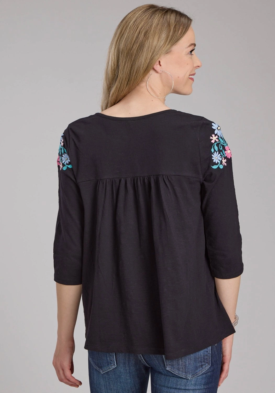 Smooth zipper closure Lightweight Comfort Roper Womens Turquoise Flowers Black 100% Cotton 3/4 Sleeve S/S Blouse