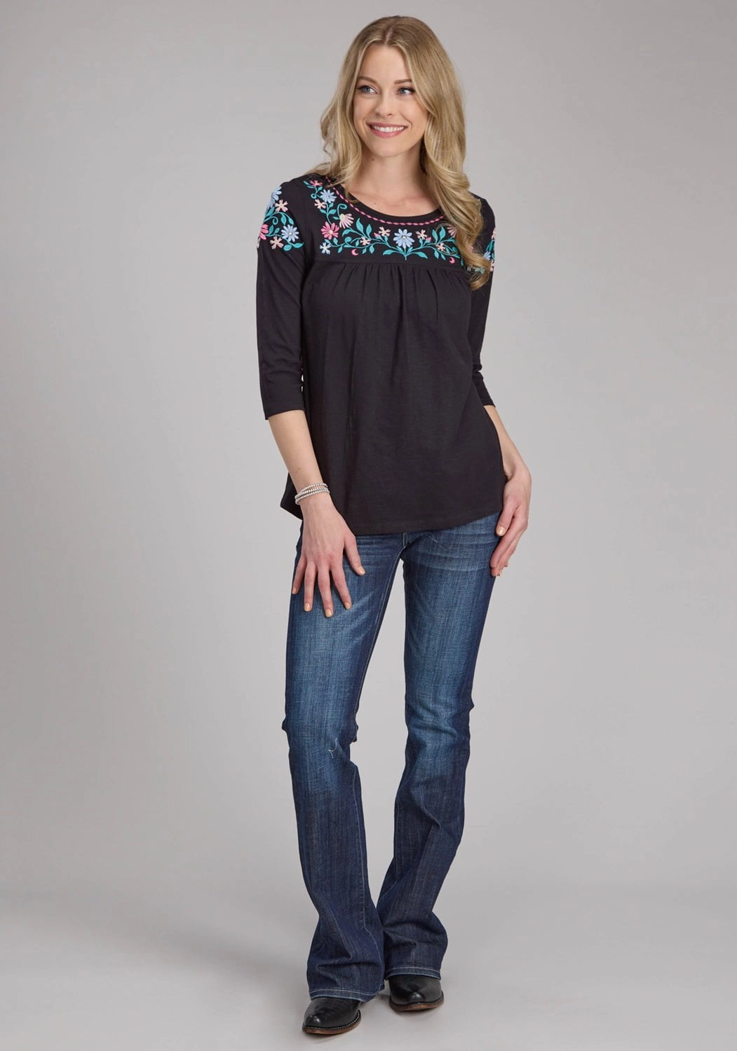 Roper Womens Turquoise Flowers Black 100% Cotton 3/4 Sleeve S/S Blouse Chic Layer Layered Collar