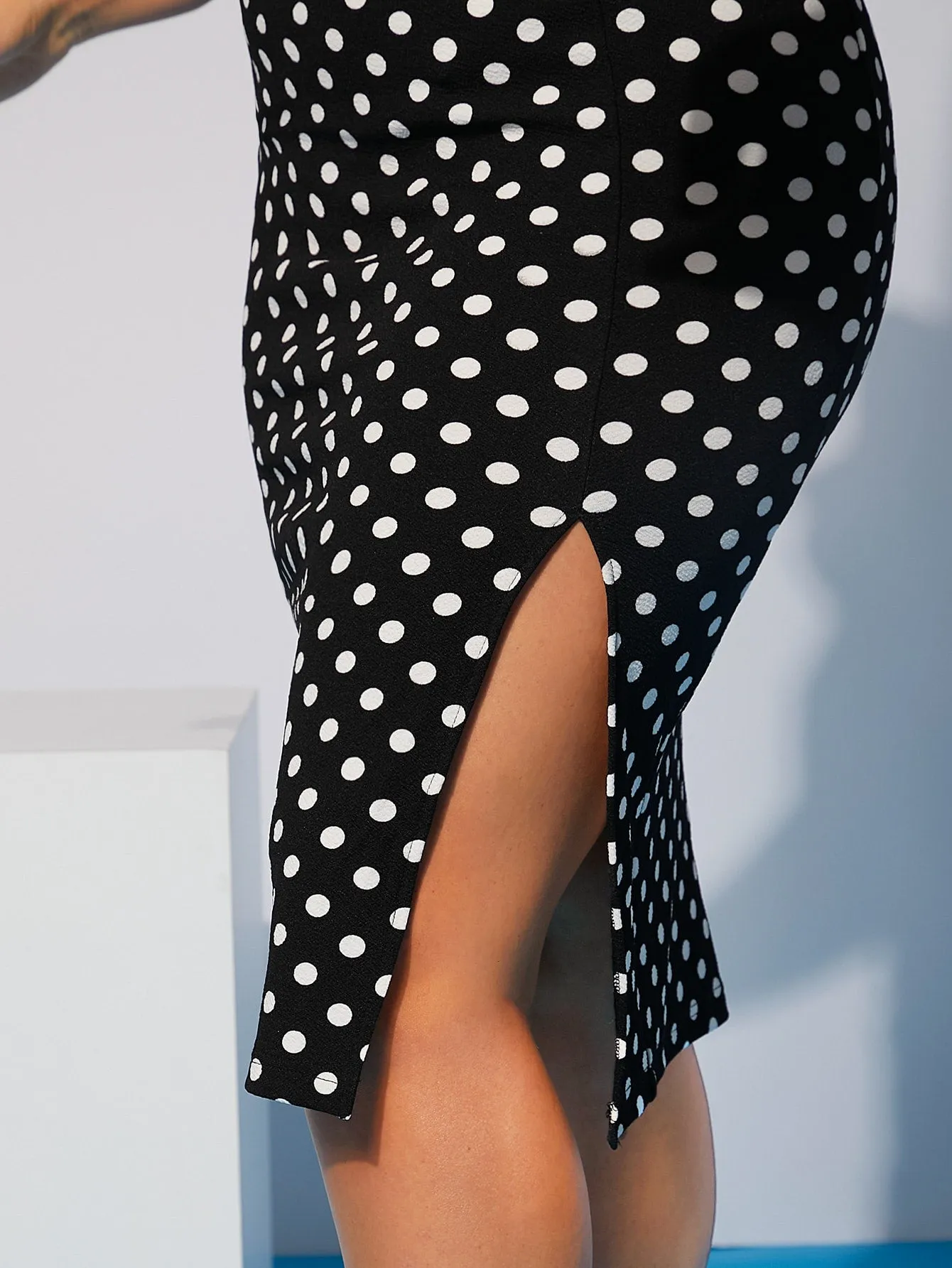 Polka Dot Split Knee Length Plus Size Skirt