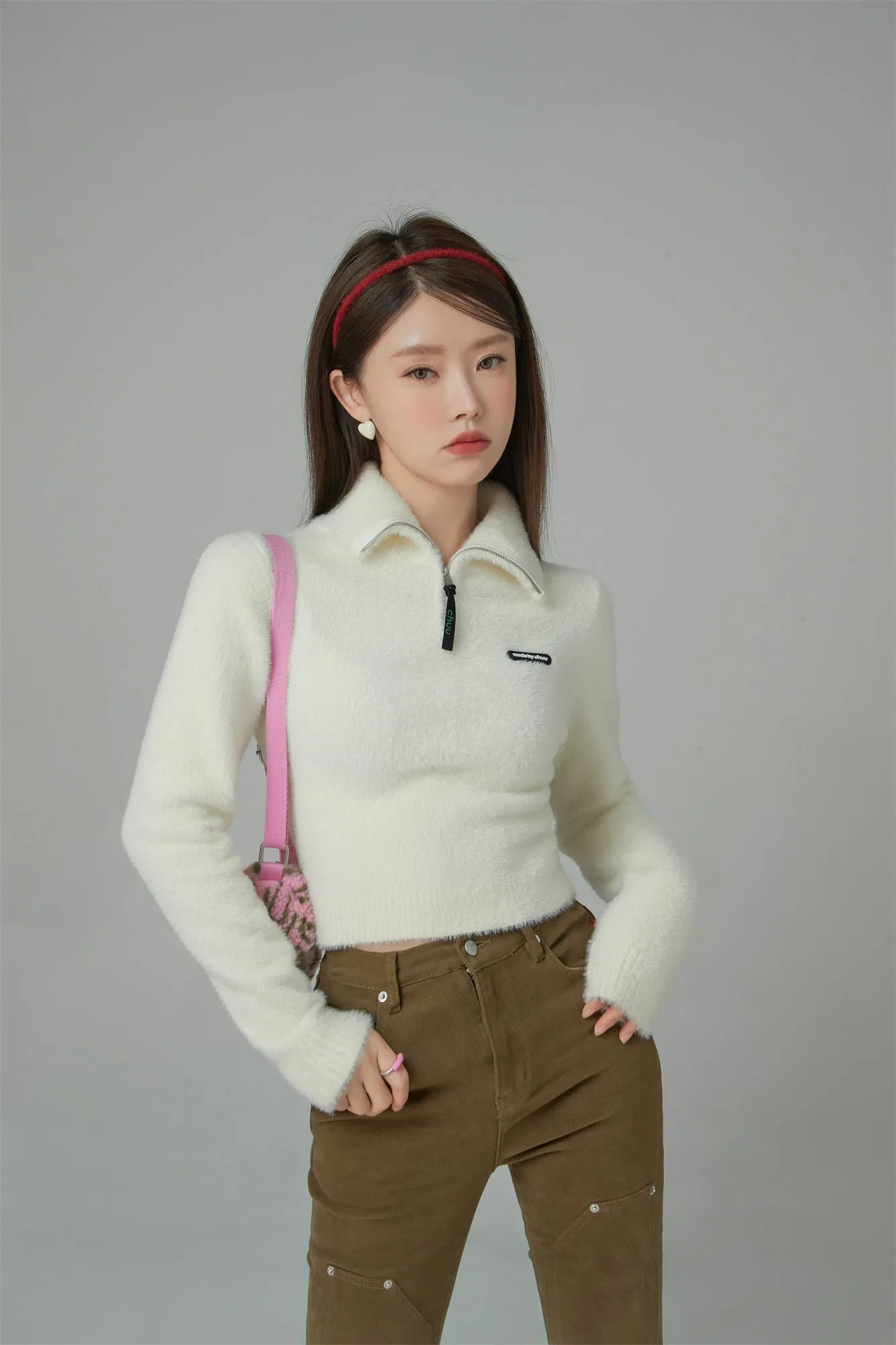 Polo Neck Half Zip-Up Knit Sweater
