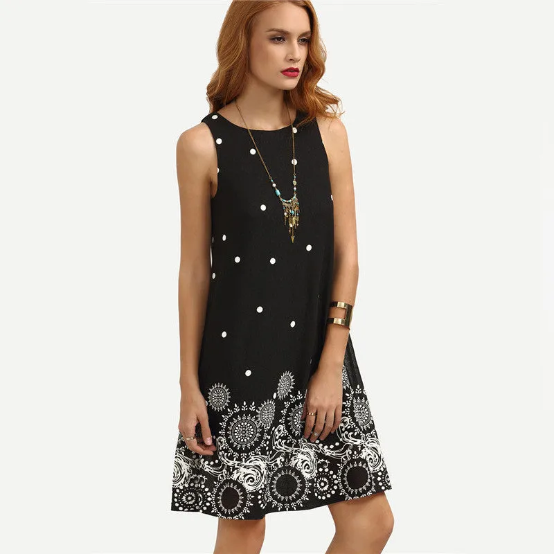 Popular Europe Women Poker Dot Digital Printed Round-Neck Sleeveless A-Line Dress