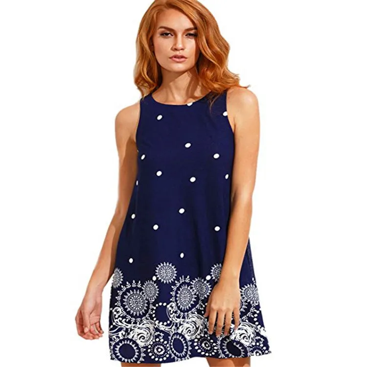 Popular Europe Women Poker Dot Digital Printed Round-Neck Sleeveless A-Line Dress