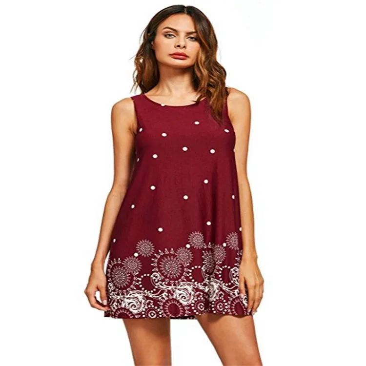 Popular Europe Women Poker Dot Digital Printed Round-Neck Sleeveless A-Line Dress