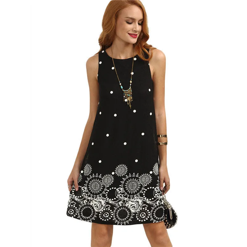 Popular Europe Women Poker Dot Digital Printed Round-Neck Sleeveless A-Line Dress