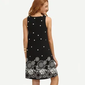 Popular Europe Women Poker Dot Digital Printed Round-Neck Sleeveless A-Line Dress