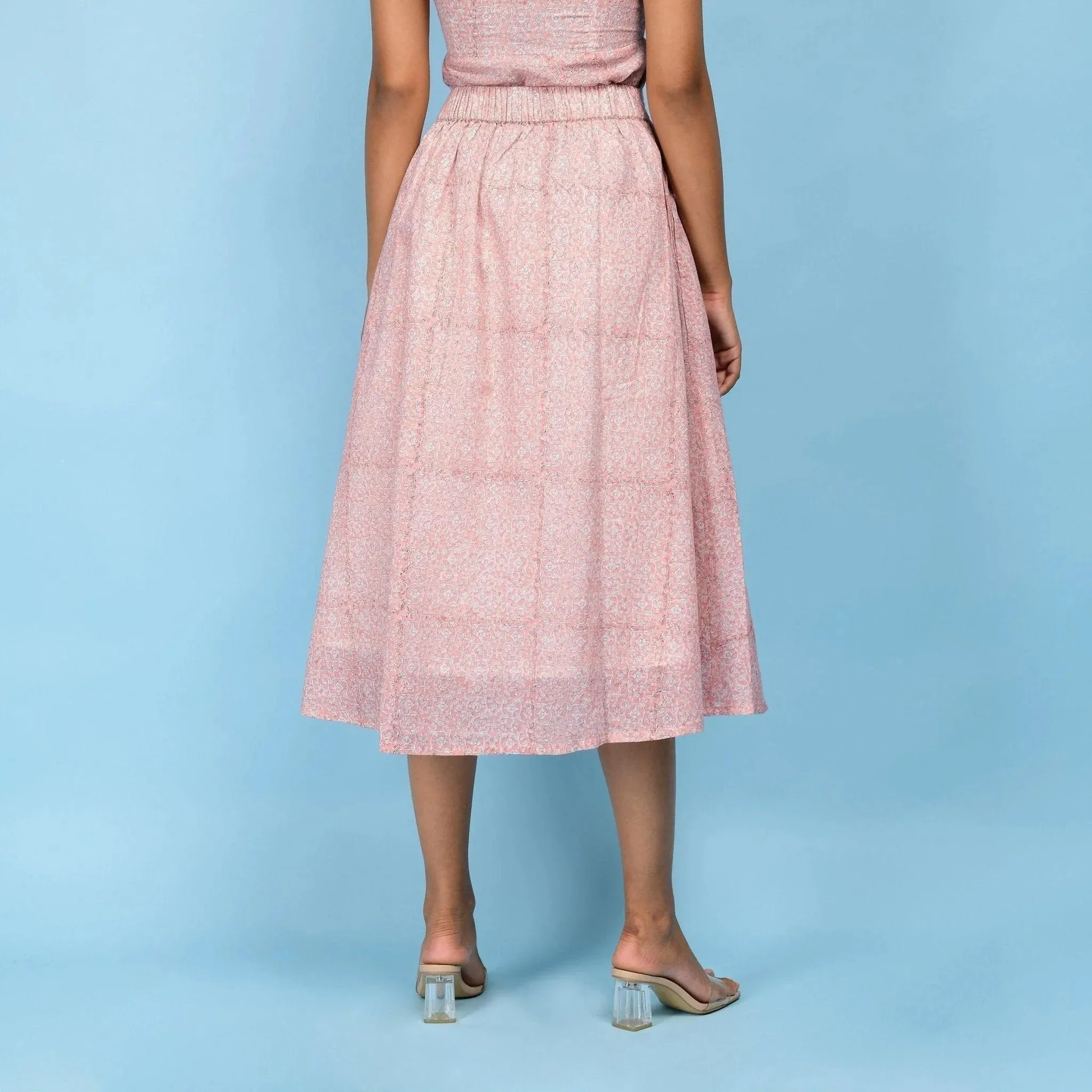 Powder Pink Paisley Block Printed Cotton Midi Skirt
