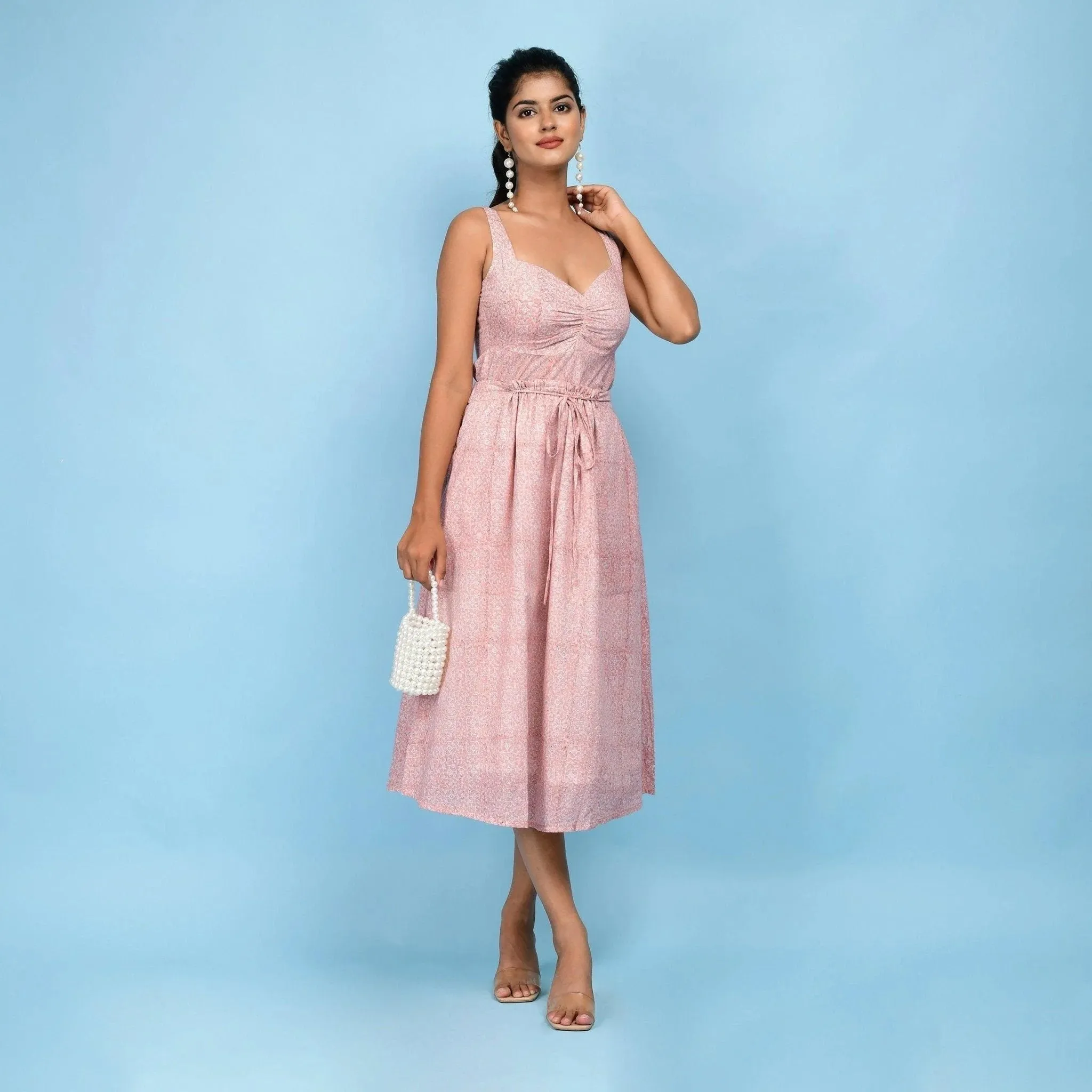 Powder Pink Paisley Block Printed Cotton Midi Skirt