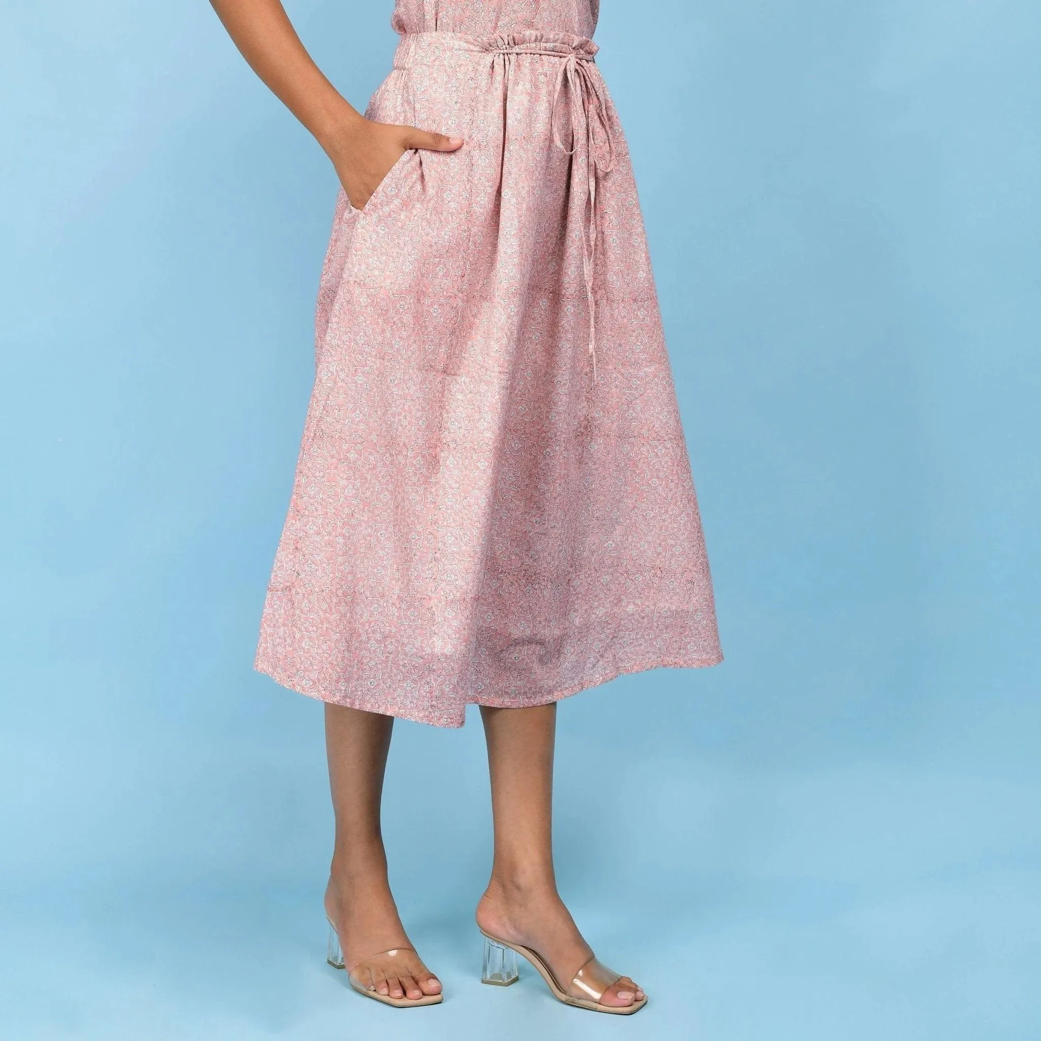 Powder Pink Paisley Block Printed Cotton Midi Skirt